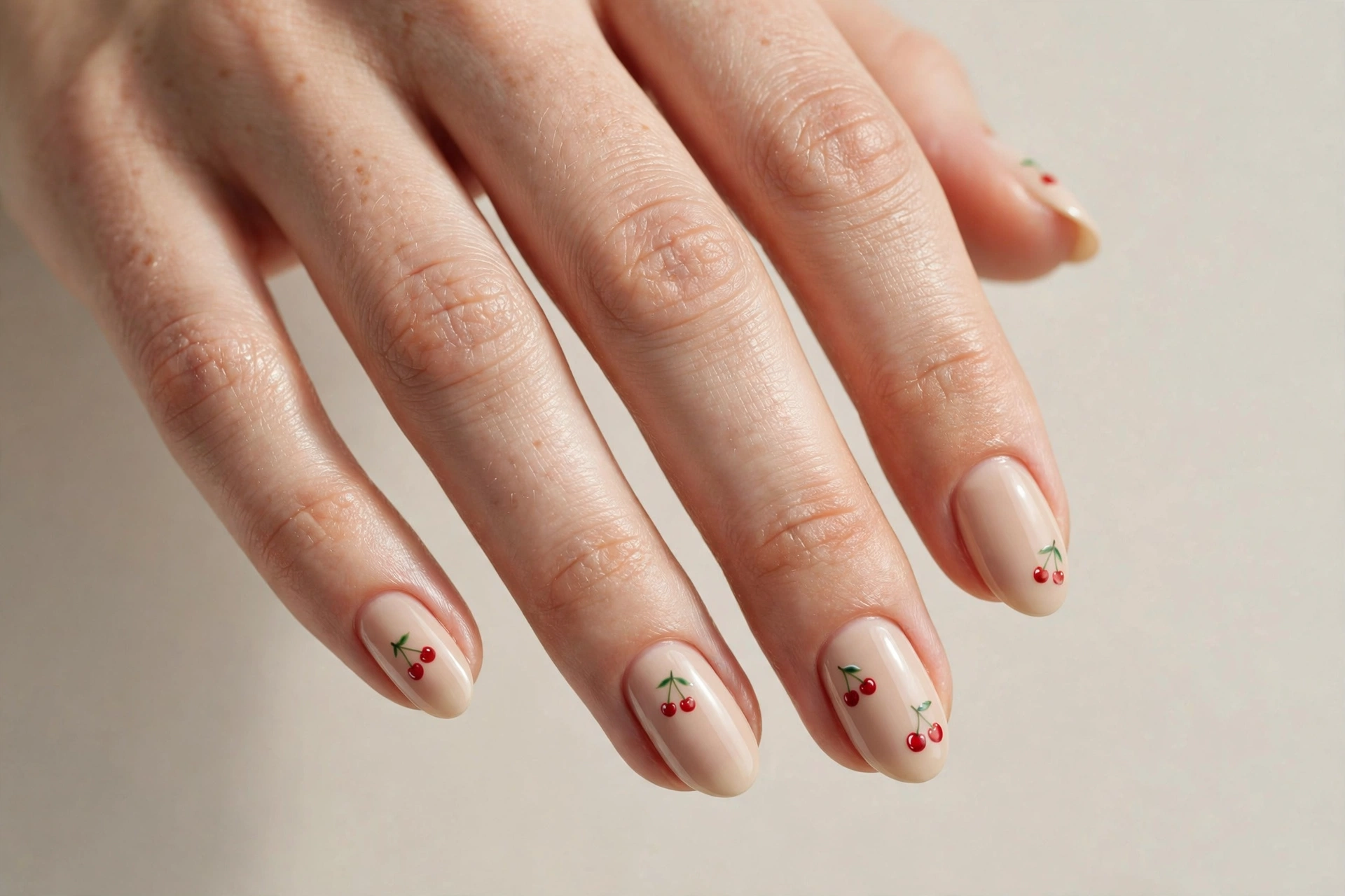 Cherry nail art with small red cherries on nude base, short nails