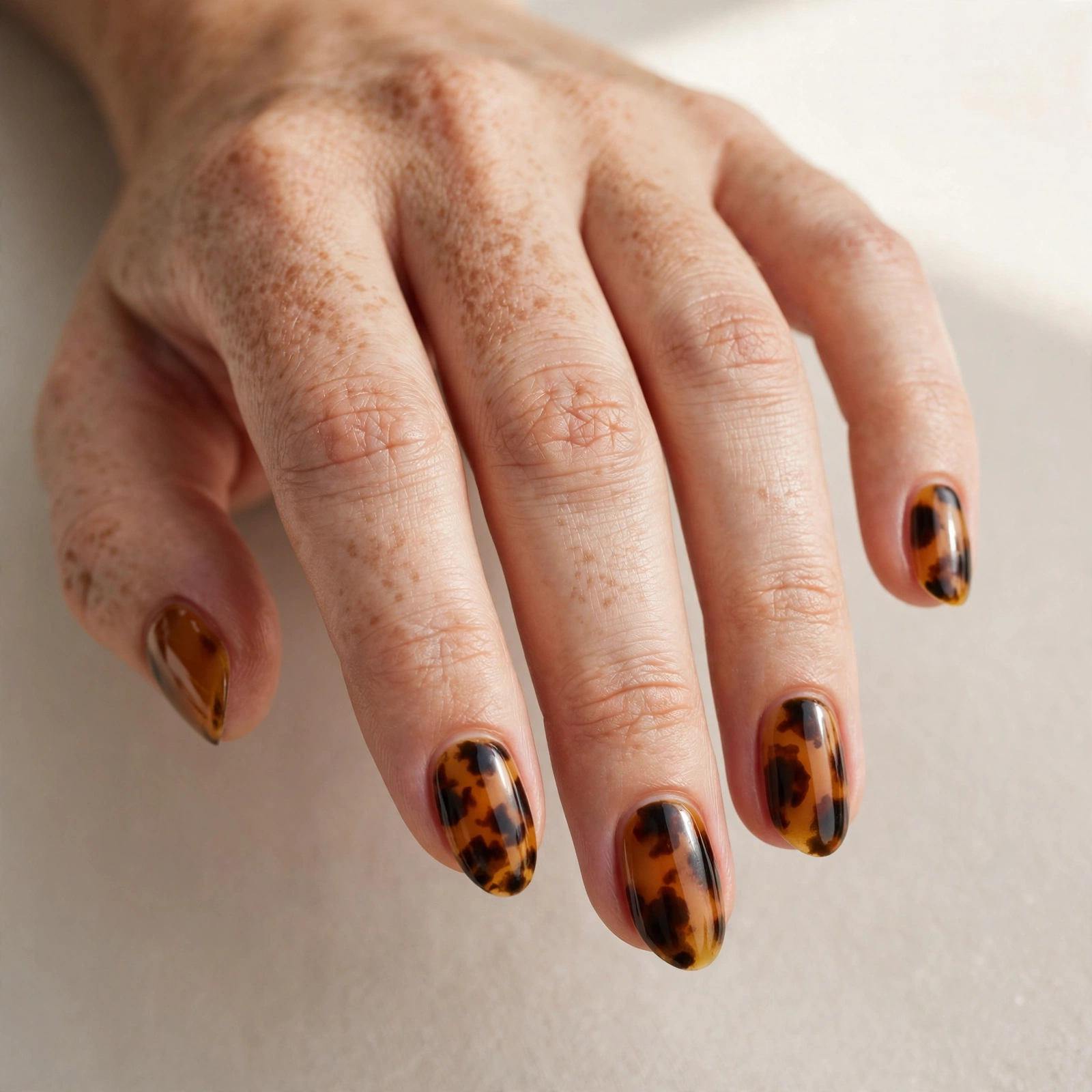 Tortoiseshell pattern nail art on short nails