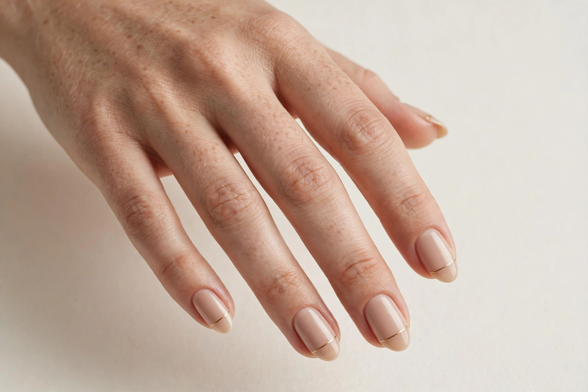 Nude manicure with thin gold line nail art on short nails