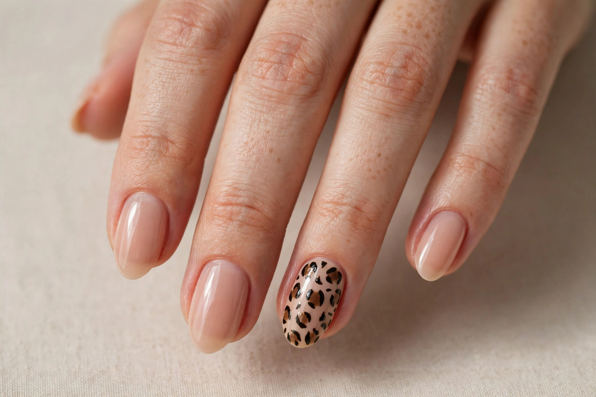 Leopard print accent nail art on nude base, short nails