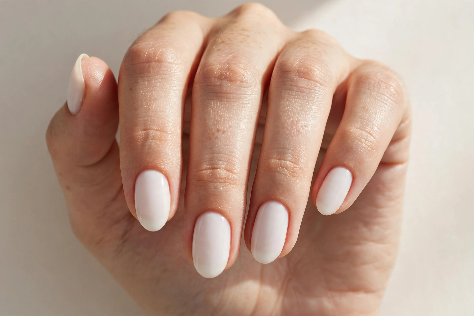 Milky white solid polish manicure on short nails