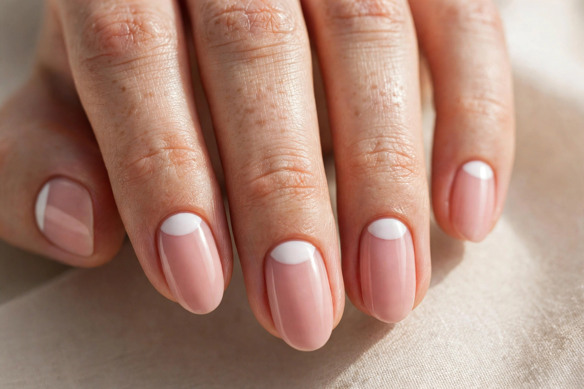 Half-moon nail art with white half moons on blush pink base, short nails