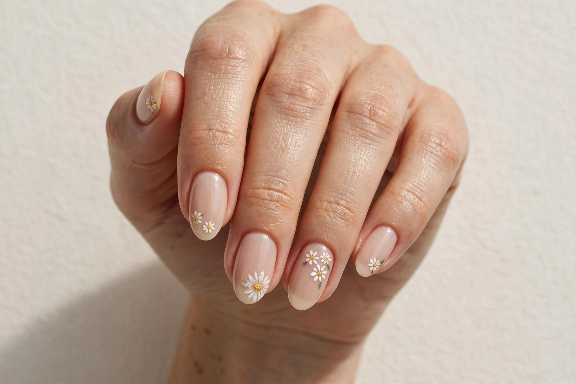 Daisy flower nail art on nude base, short nails