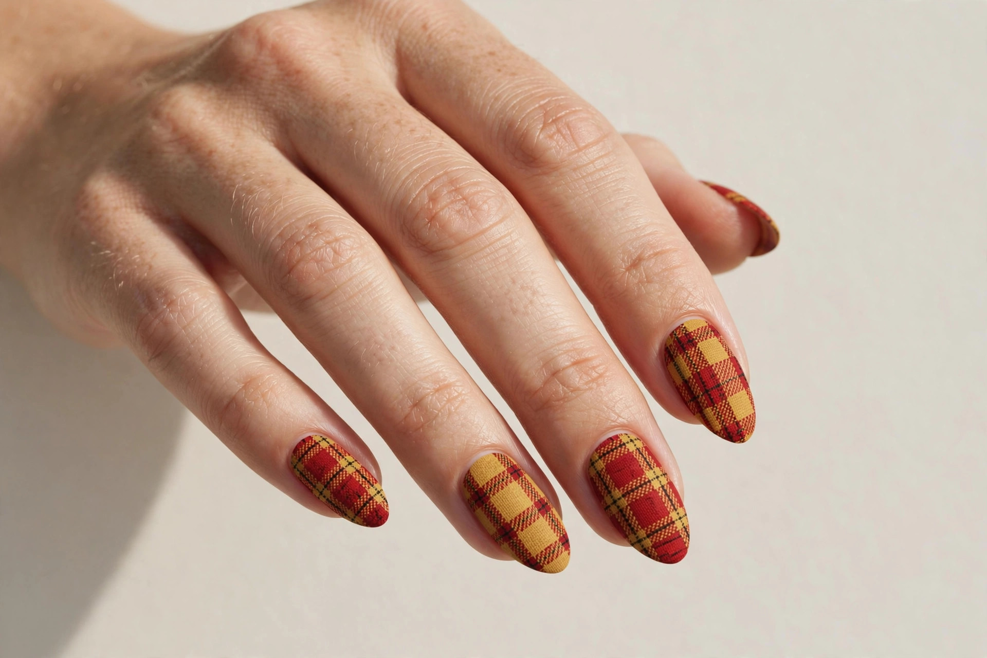 Close-up of a woman's hand with red and mustard flannel plaid pattern fall nail art on almond shaped nails