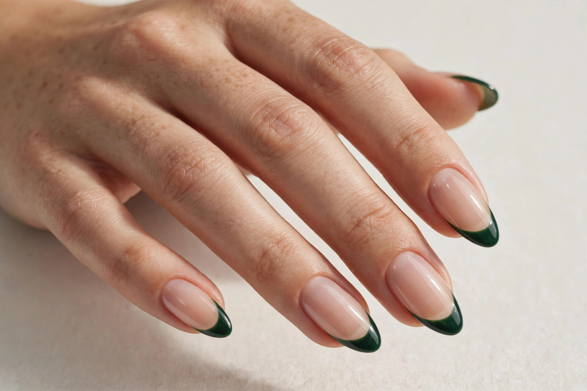 Close-up of a woman's hand with sheer nude manicure and deep forest green French tips