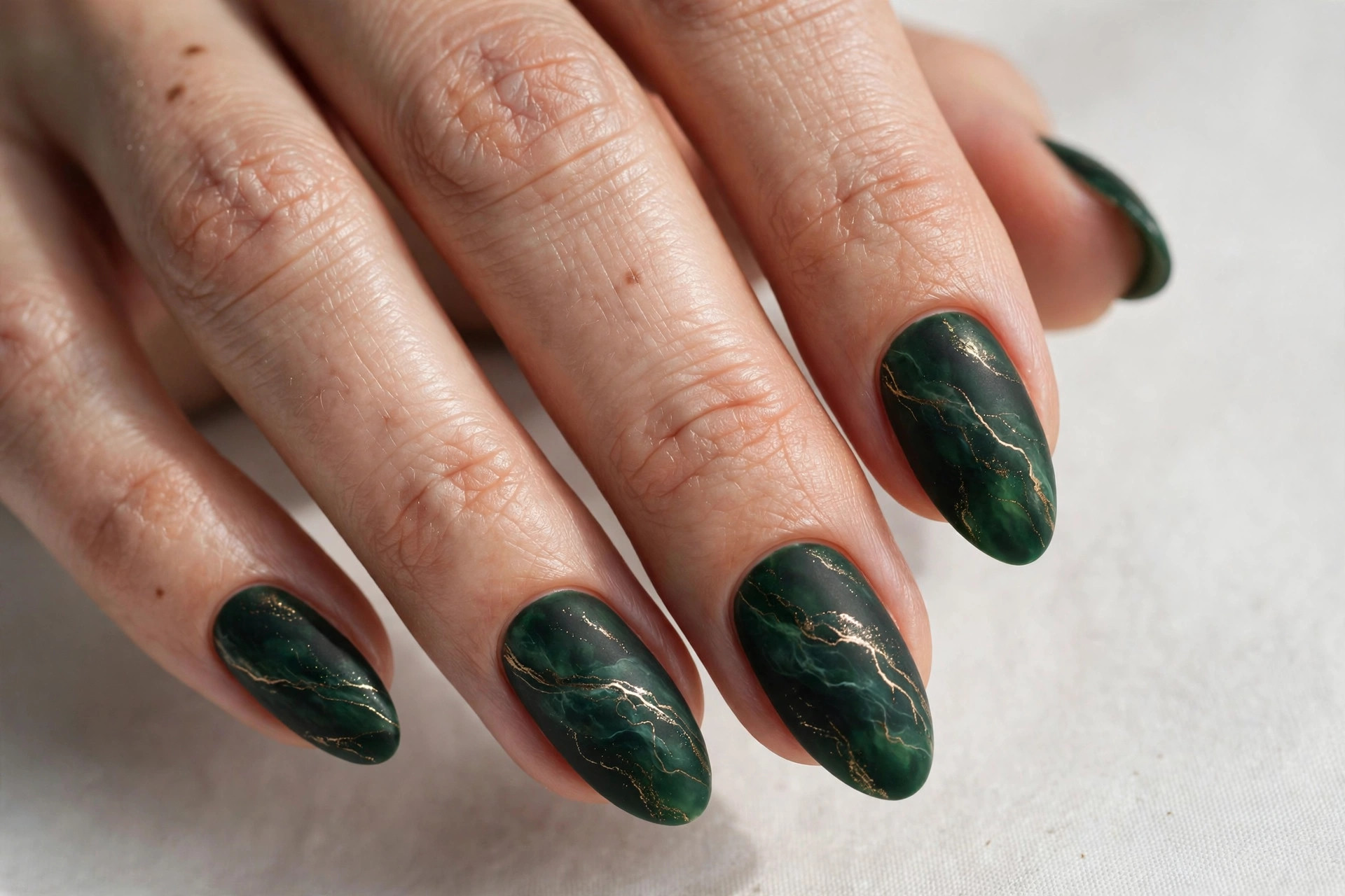Deep forest green fall nail art with gold vein details