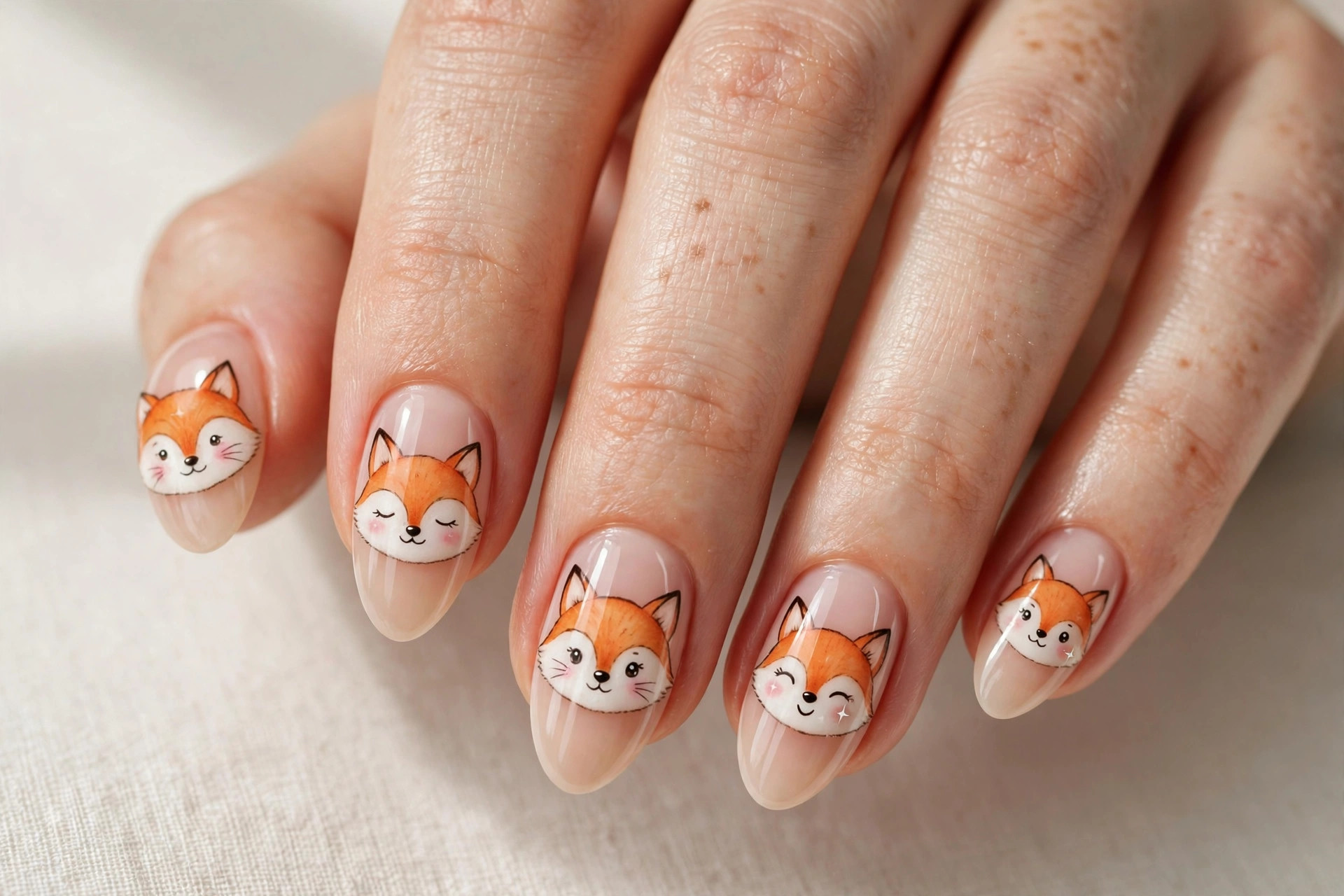 Close-up of a woman's hand with cute orange fox faces fall nail art on almond shaped nails