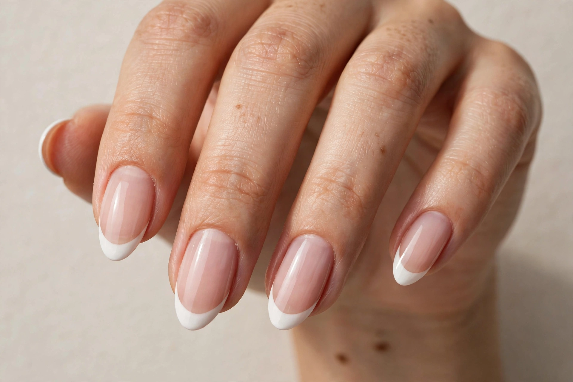 Classic white-tip French manicure with crisp white tips on sheer pink nude almond nails