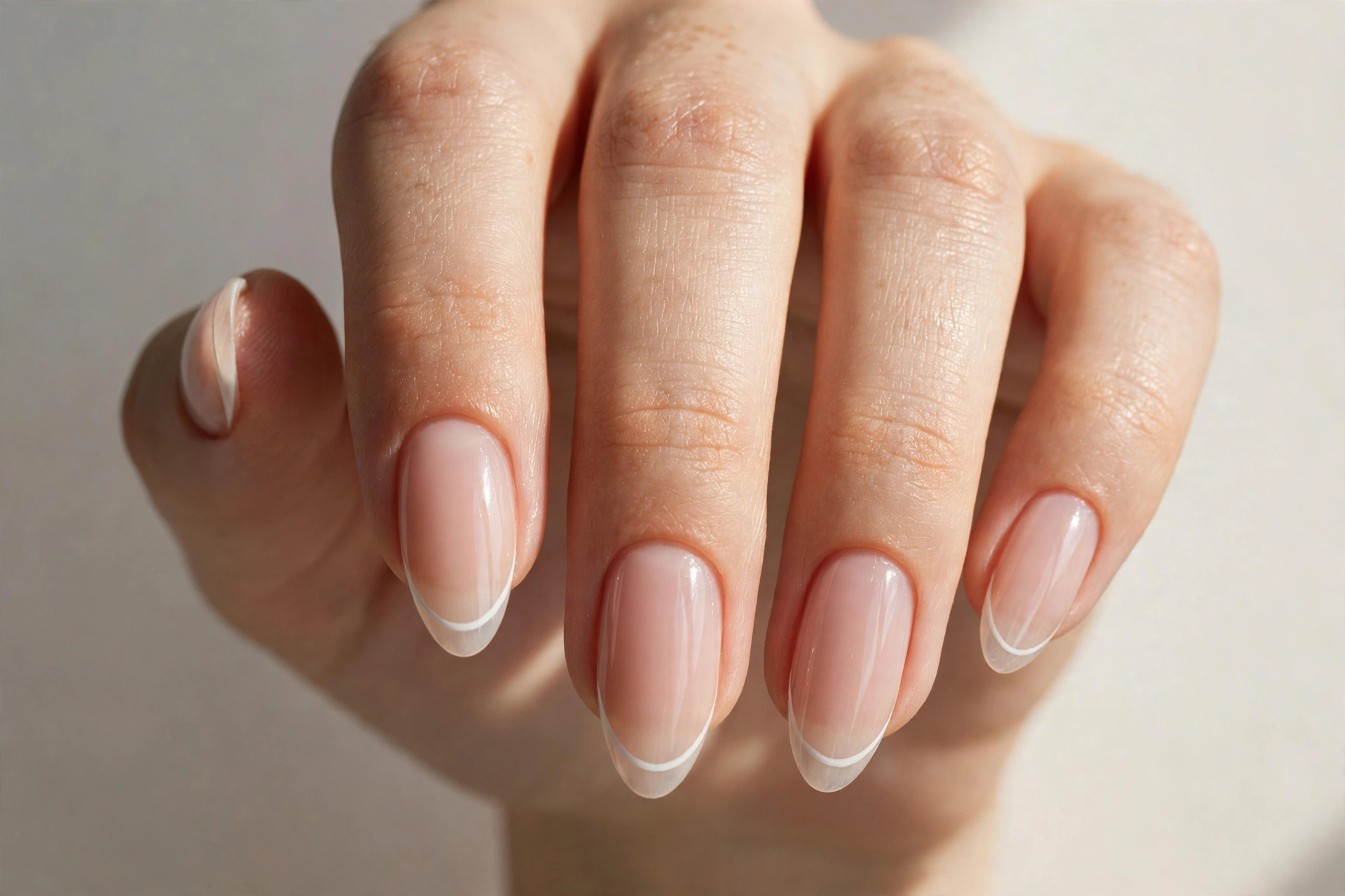 Micro French manicure with ultra-thin white tips on glossy sheer nude nails