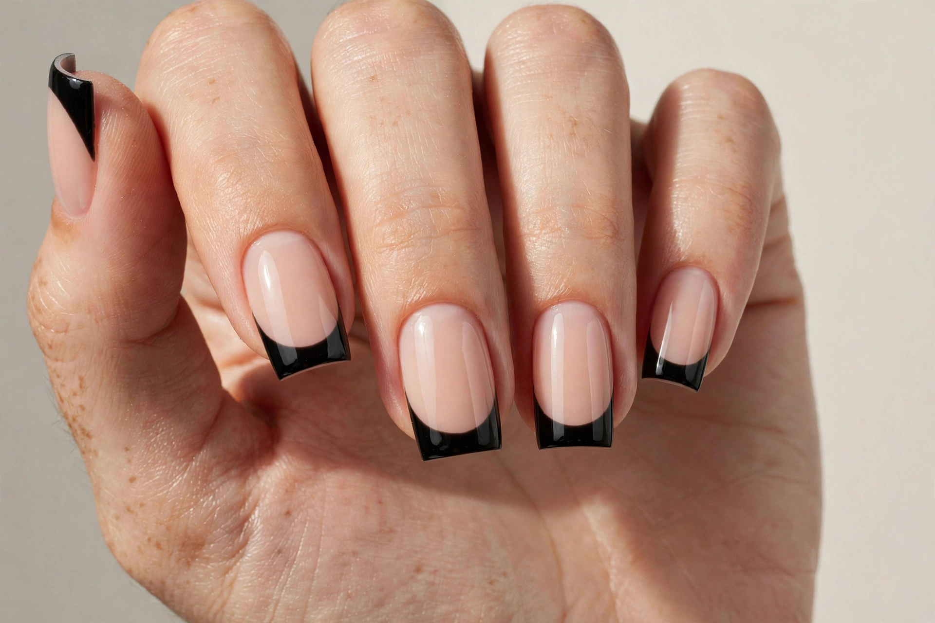 Black French tip manicure with sleek black tips over nude base on square nails