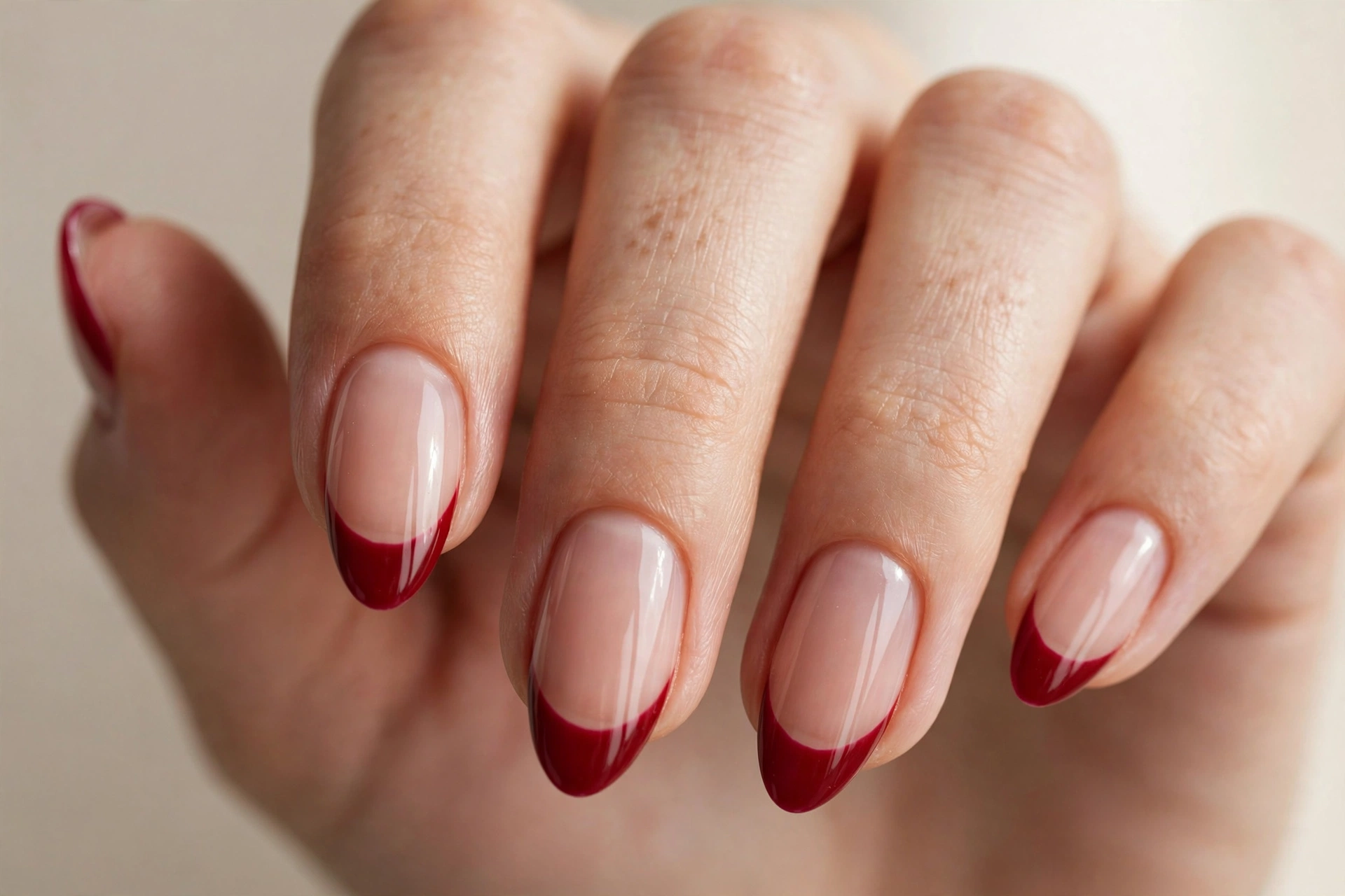Red French tip manicure with crimson tips on sheer nude almond nails