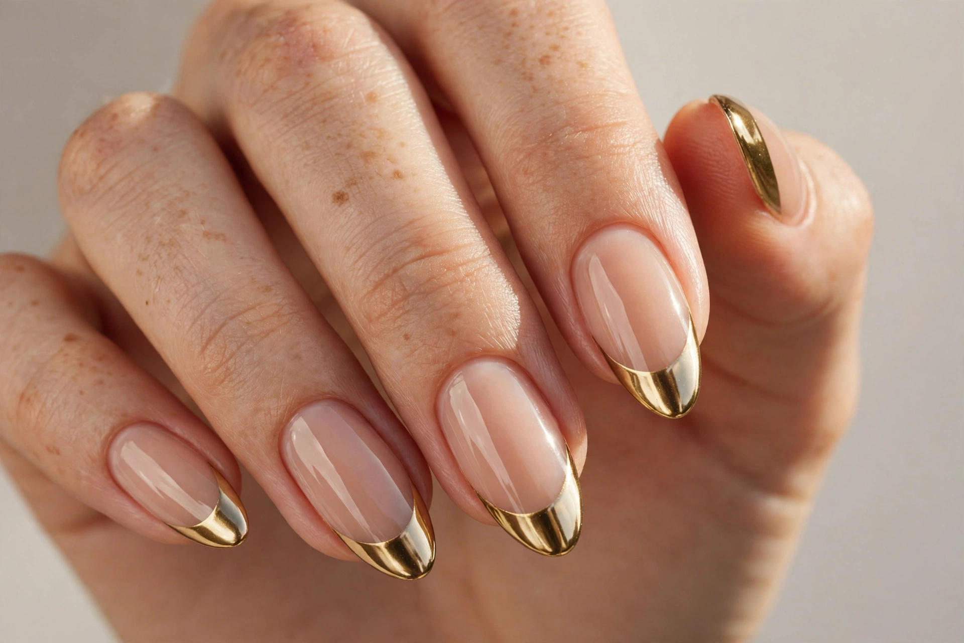 Gold chrome French tip manicure with metallic gold tips over glossy nude nails