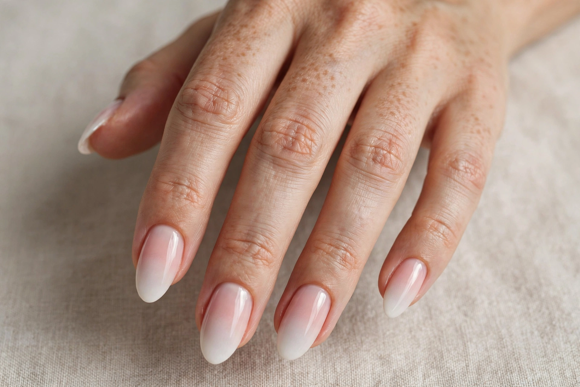 Baby boomer ombre French manicure with soft white-to-pink gradient on almond nails