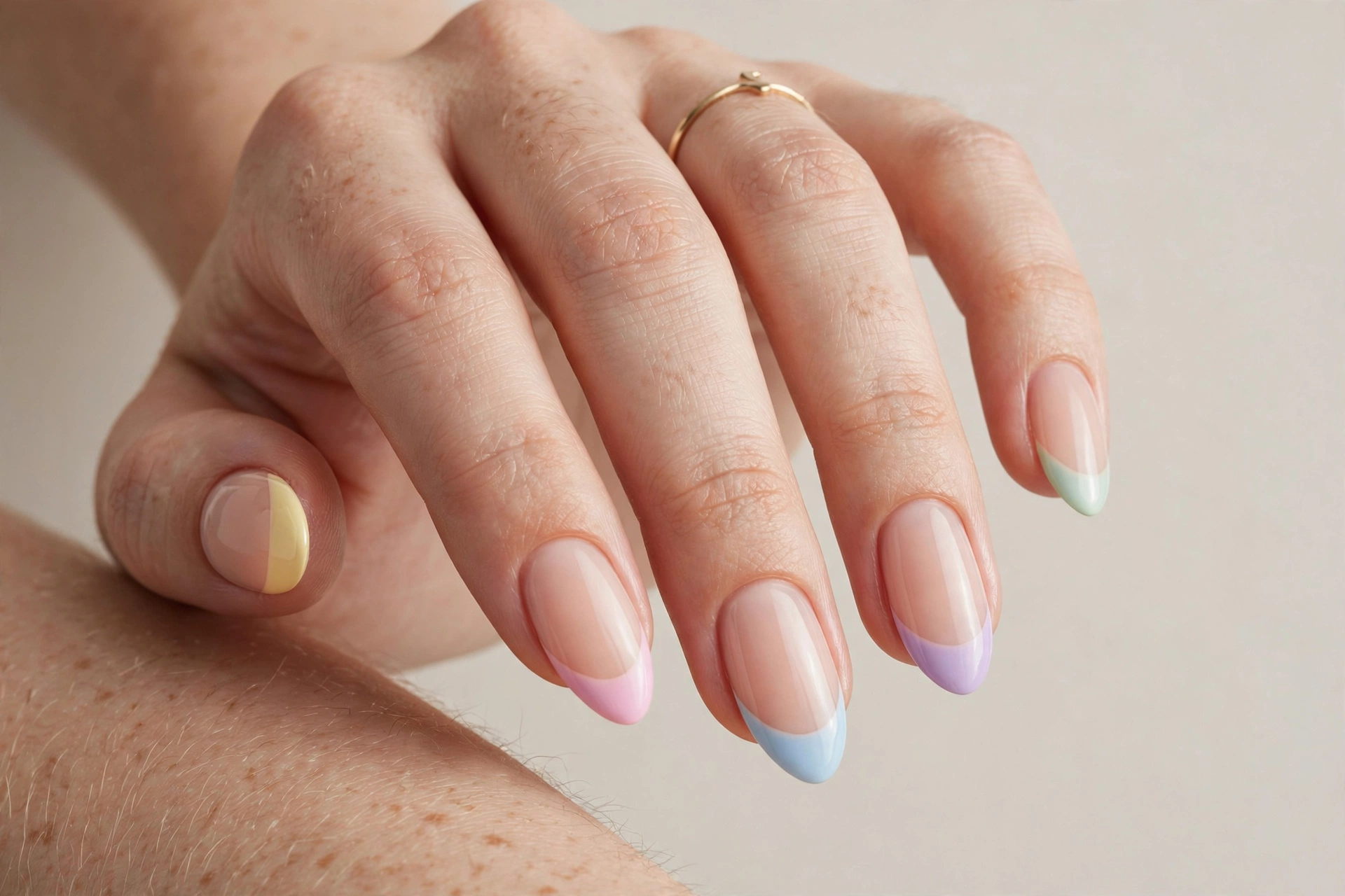 Pastel rainbow French tips with each nail tipped in a different soft pastel shade