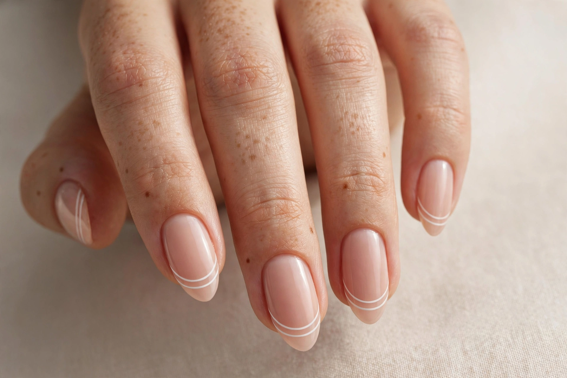 Double-line French manicure with thin white tip outline and a second fine parallel line