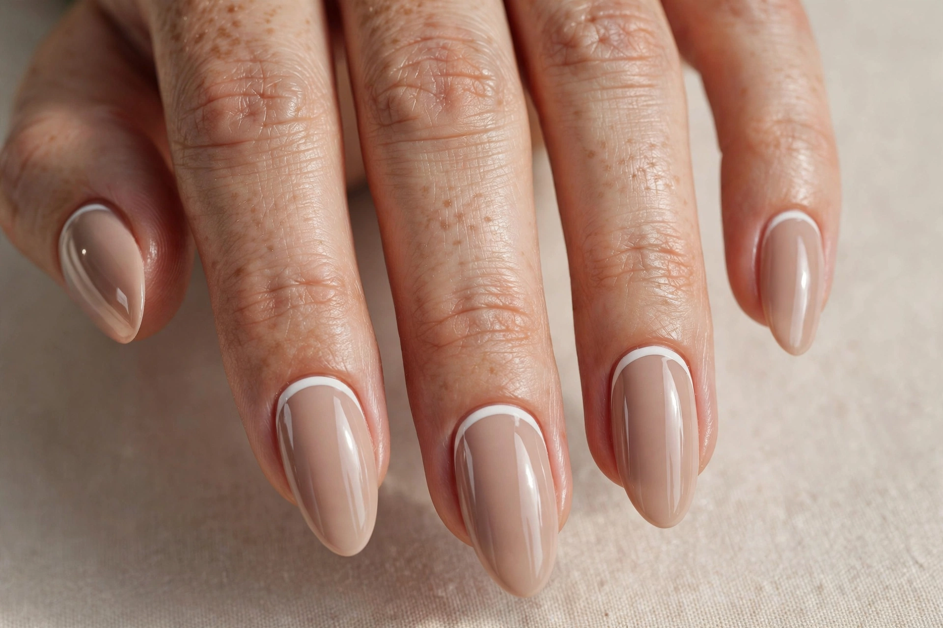 Reverse French manicure with a white crescent line along the cuticle on glossy nude nails