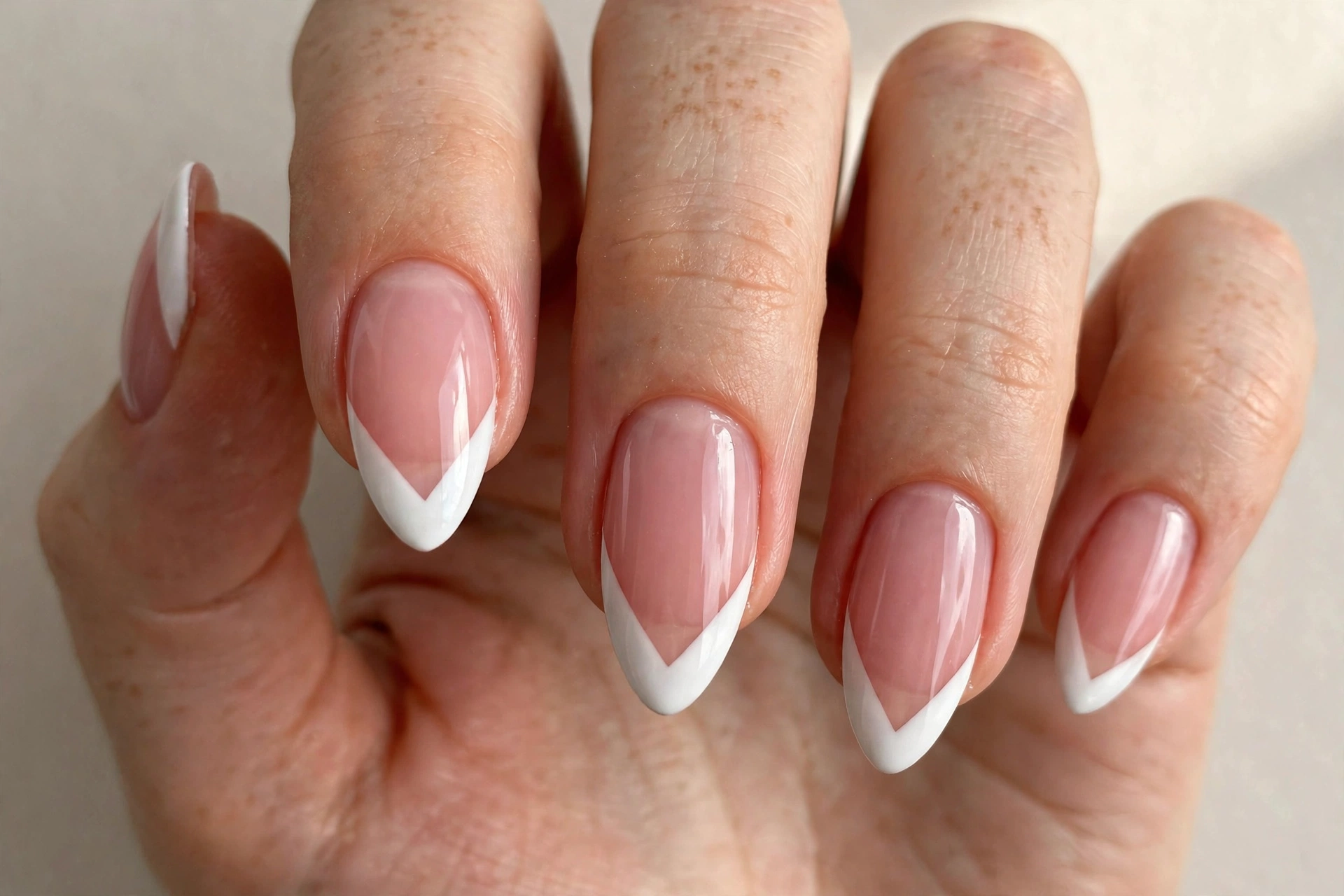 V-shaped chevron French tips with crisp white pointed tips on sheer pink nails