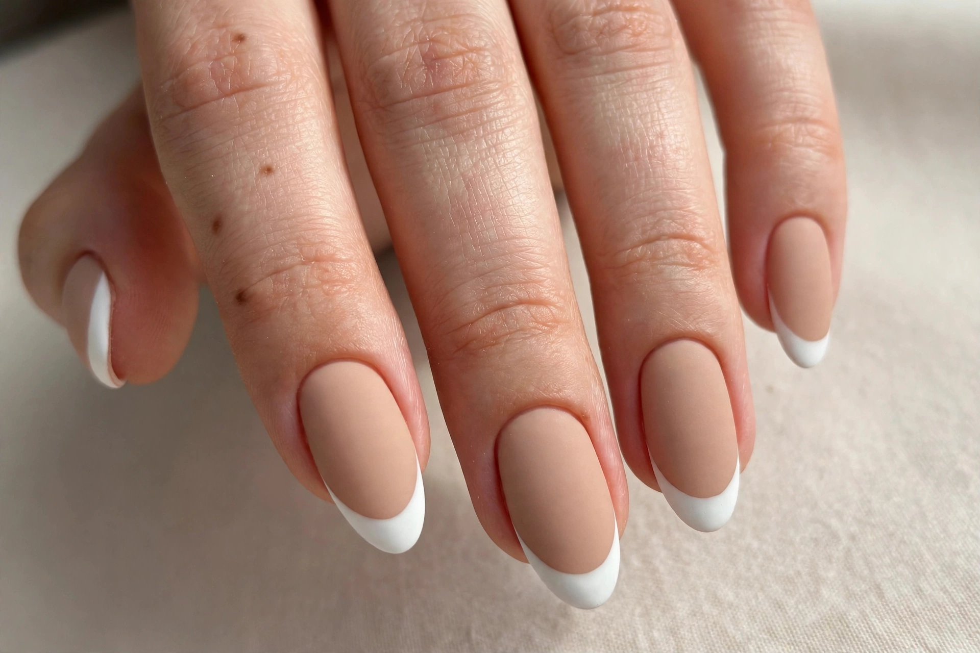 Matte nude French manicure with soft matte white tips on warm nude almond nails