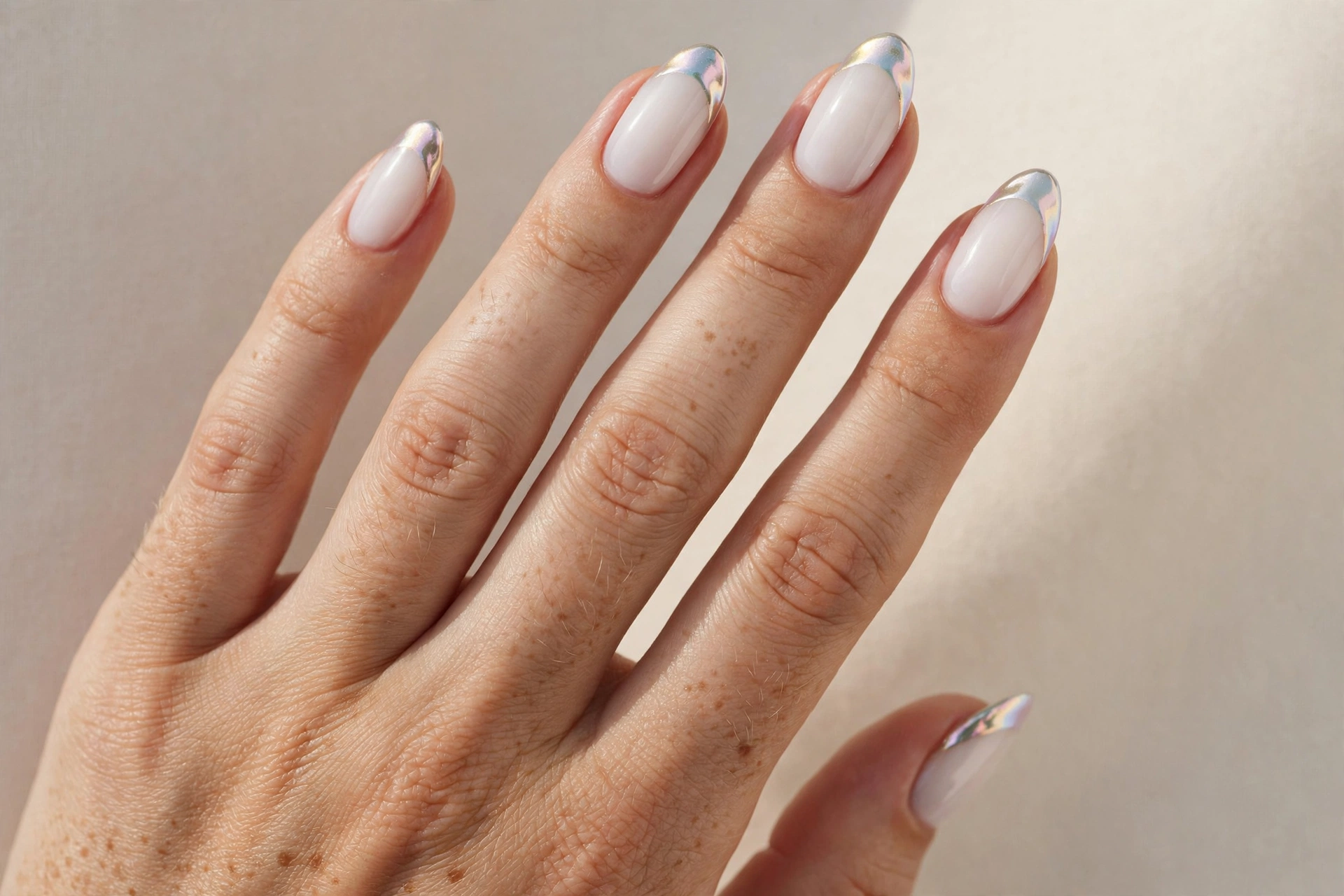 Pearl chrome French tips with iridescent glazed finish on milky white almond nails