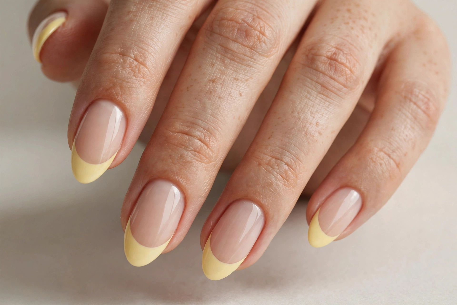 Butter yellow French tip manicure with soft yellow tips on sheer nude almond nails