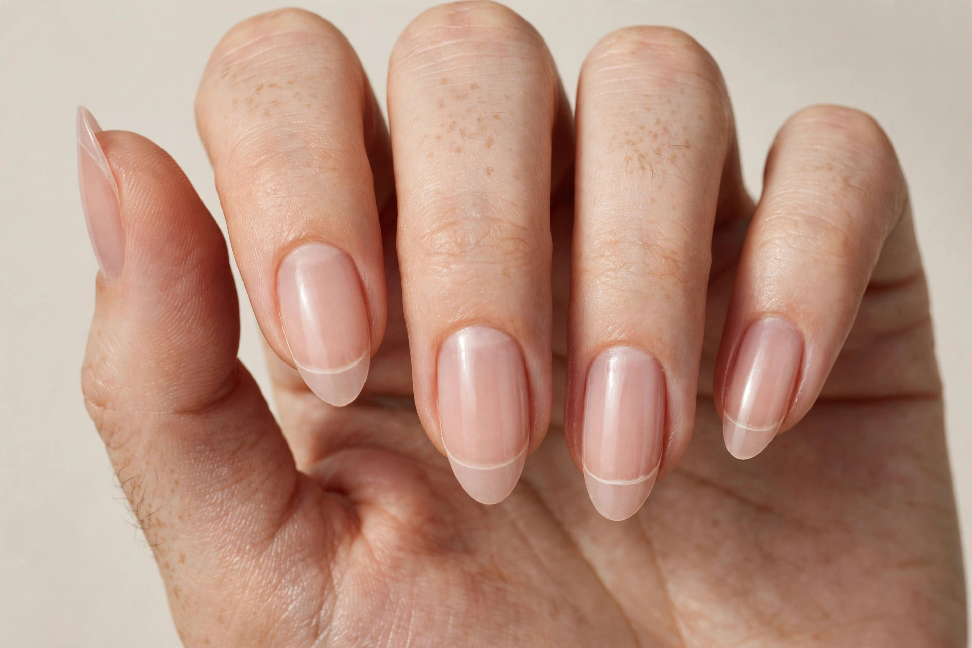 Invisible French manicure with barely-there sheer nude polish and subtle tip definition
