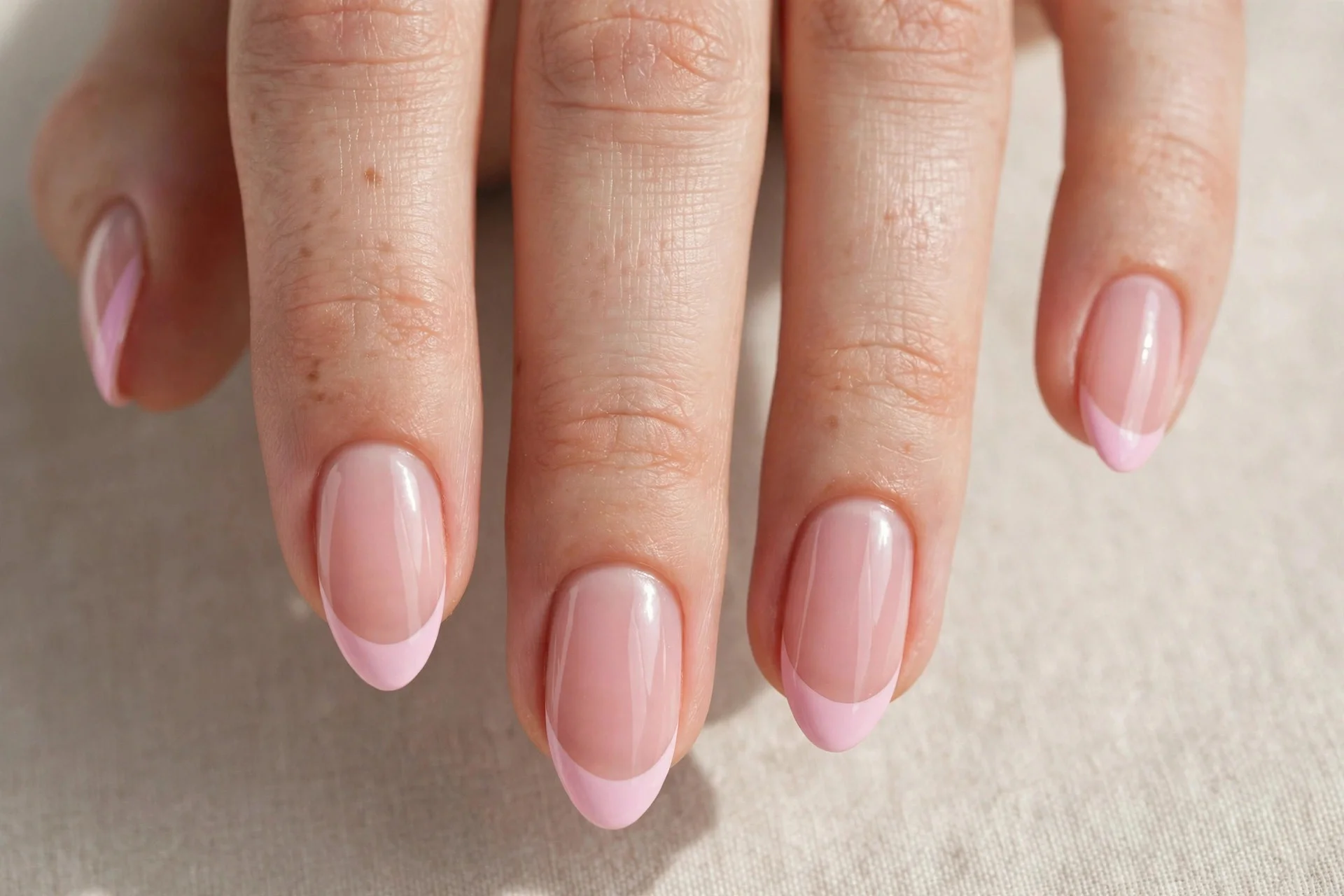 Close-up of soft pink French tip manicure with pastel pink tips