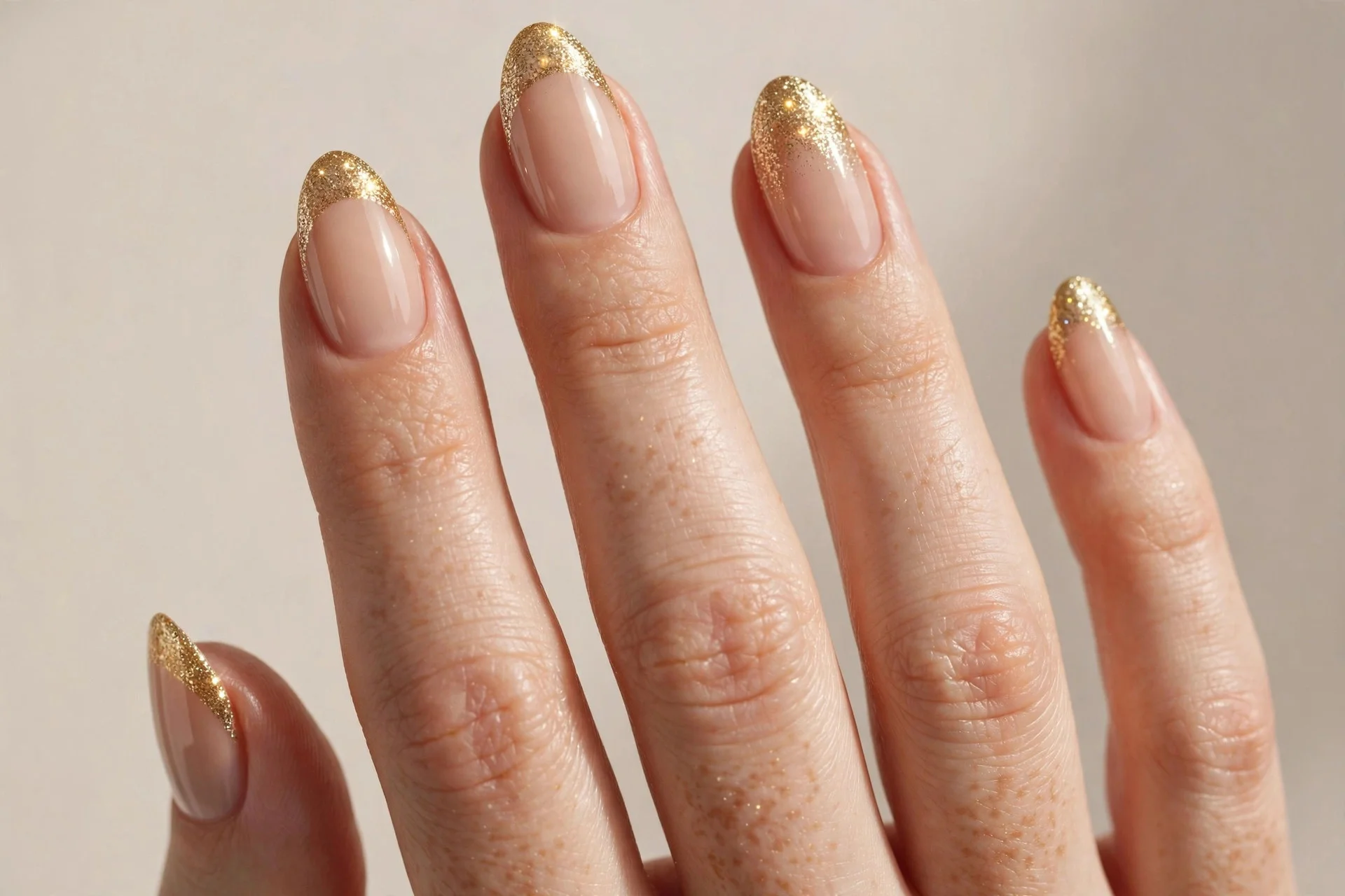 Close-up of gold glitter French tip manicure with sparkling gold tips