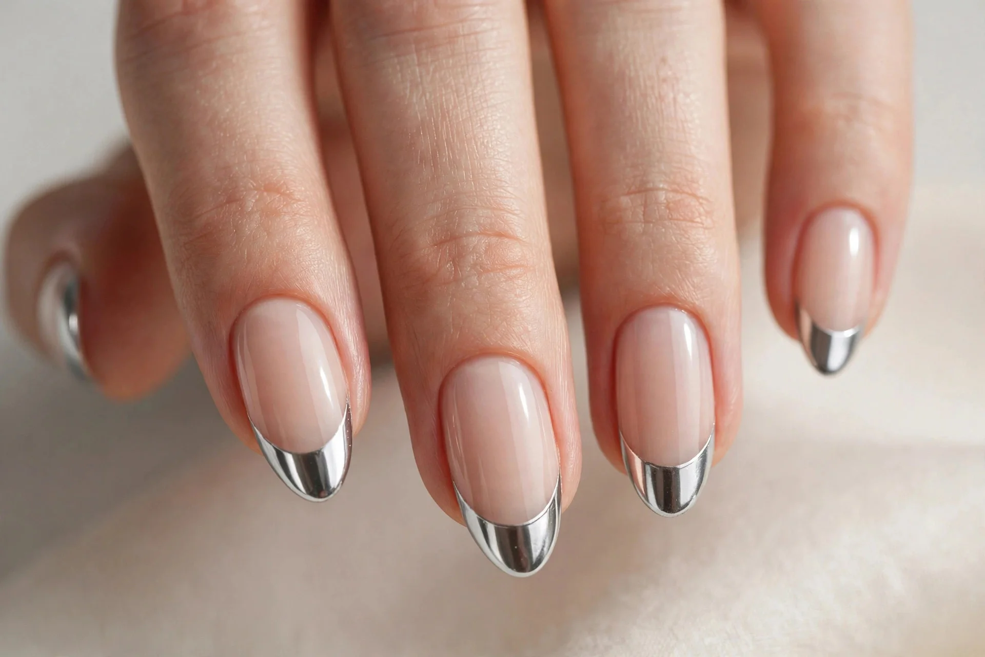 Close-up of chrome silver French tip manicure with mirror-shine metallic tips