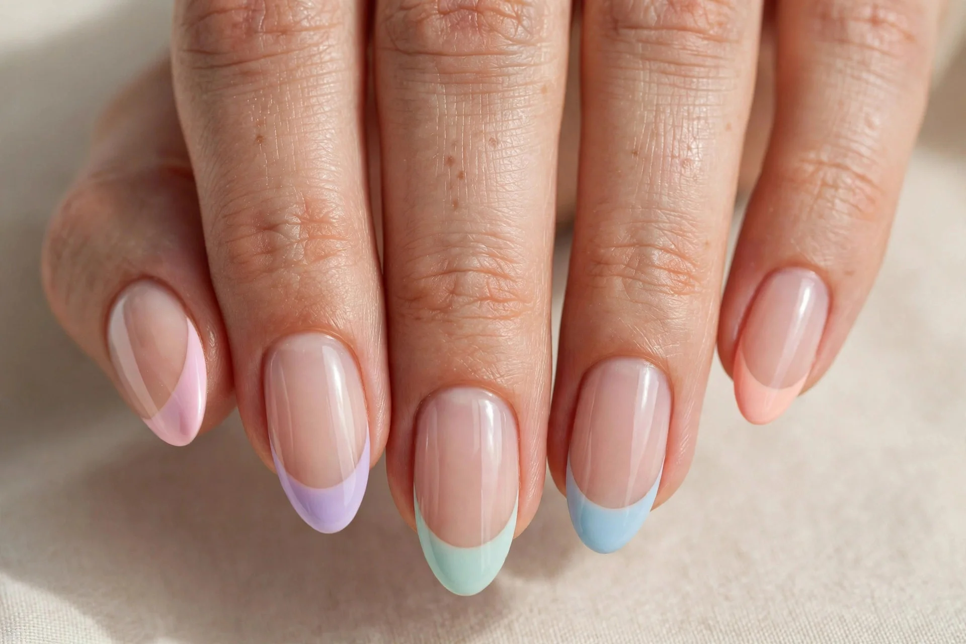 Close-up of pastel rainbow French tip manicure with each tip a different pastel color