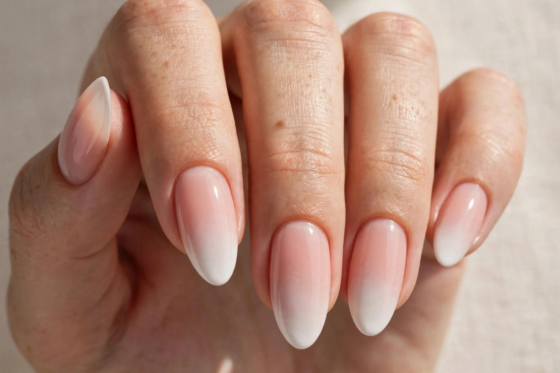 Close-up of baby boomer ombre French manicure with white fading into nude pink