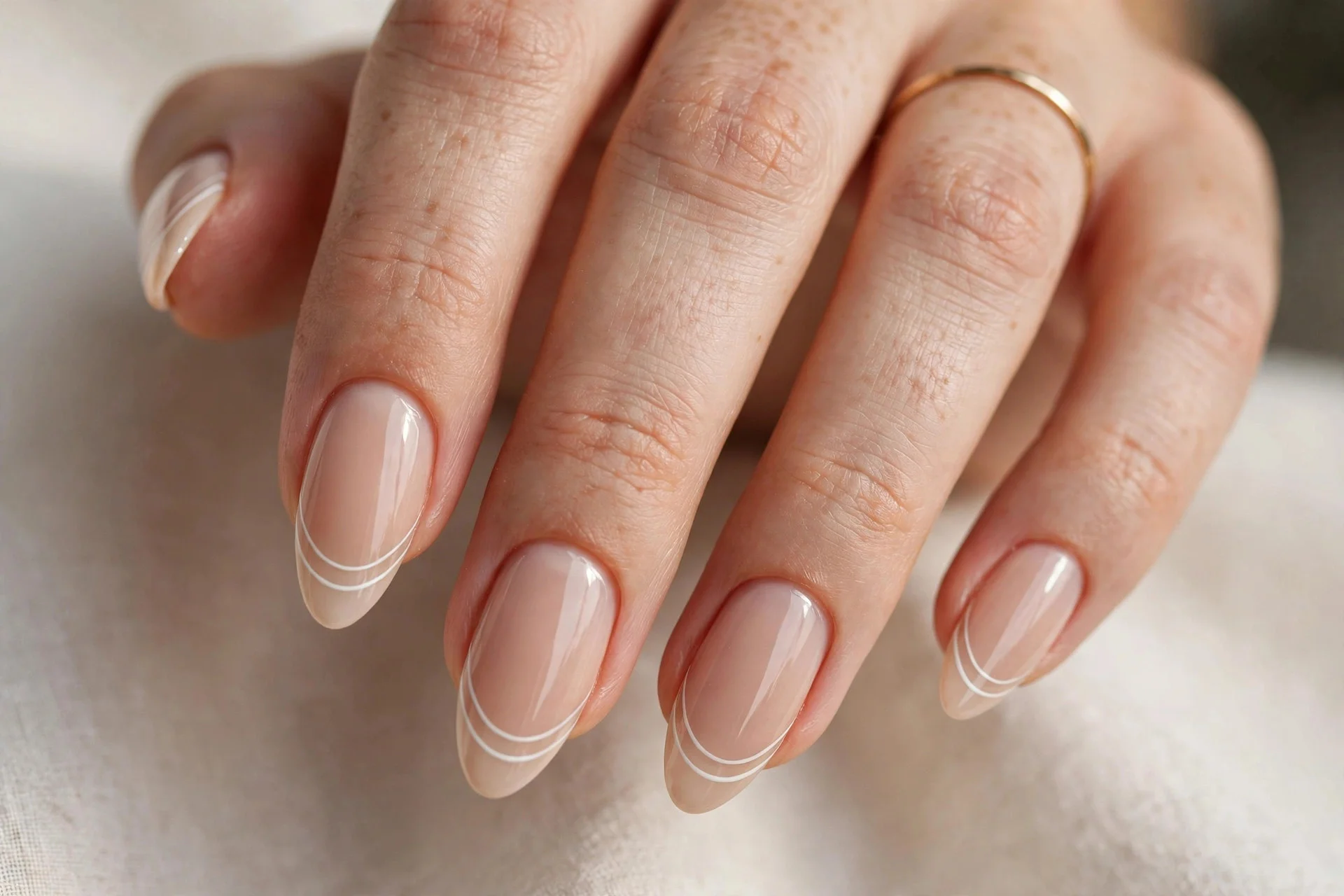 Close-up of double-line French tip manicure with two thin parallel white lines on each tip