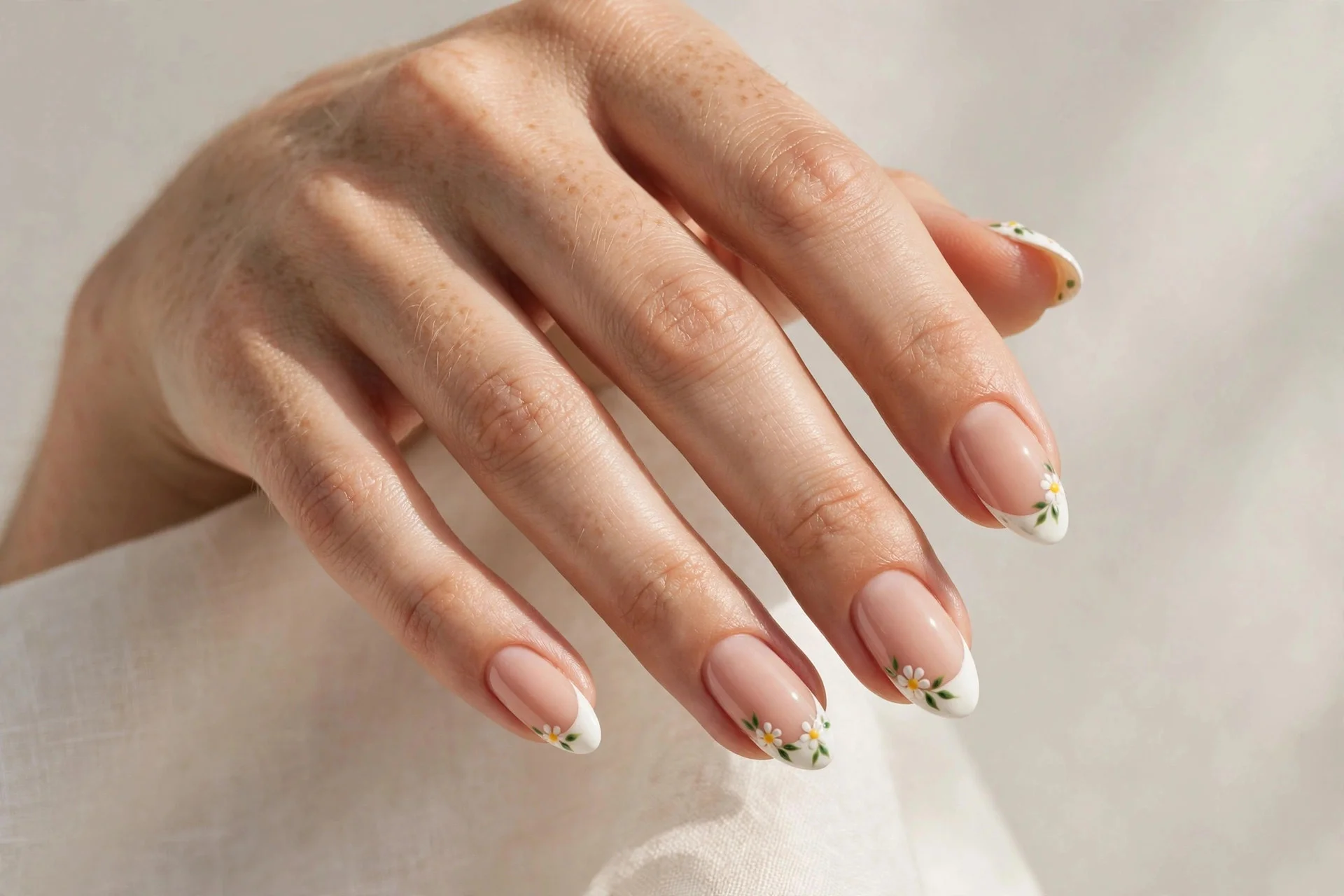 Close-up of floral French tip manicure with tiny painted daisies on white tips