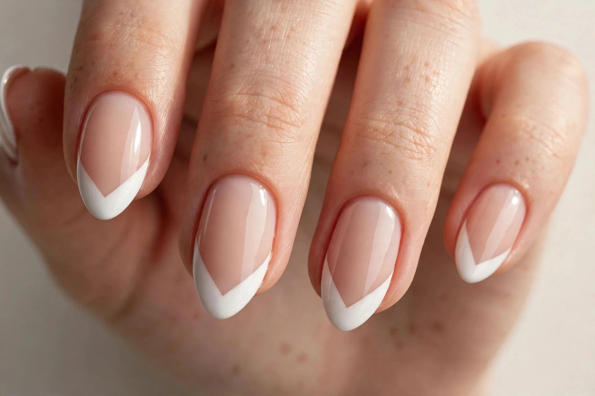 Close-up of chevron French tip manicure with sharp V-shaped white tips