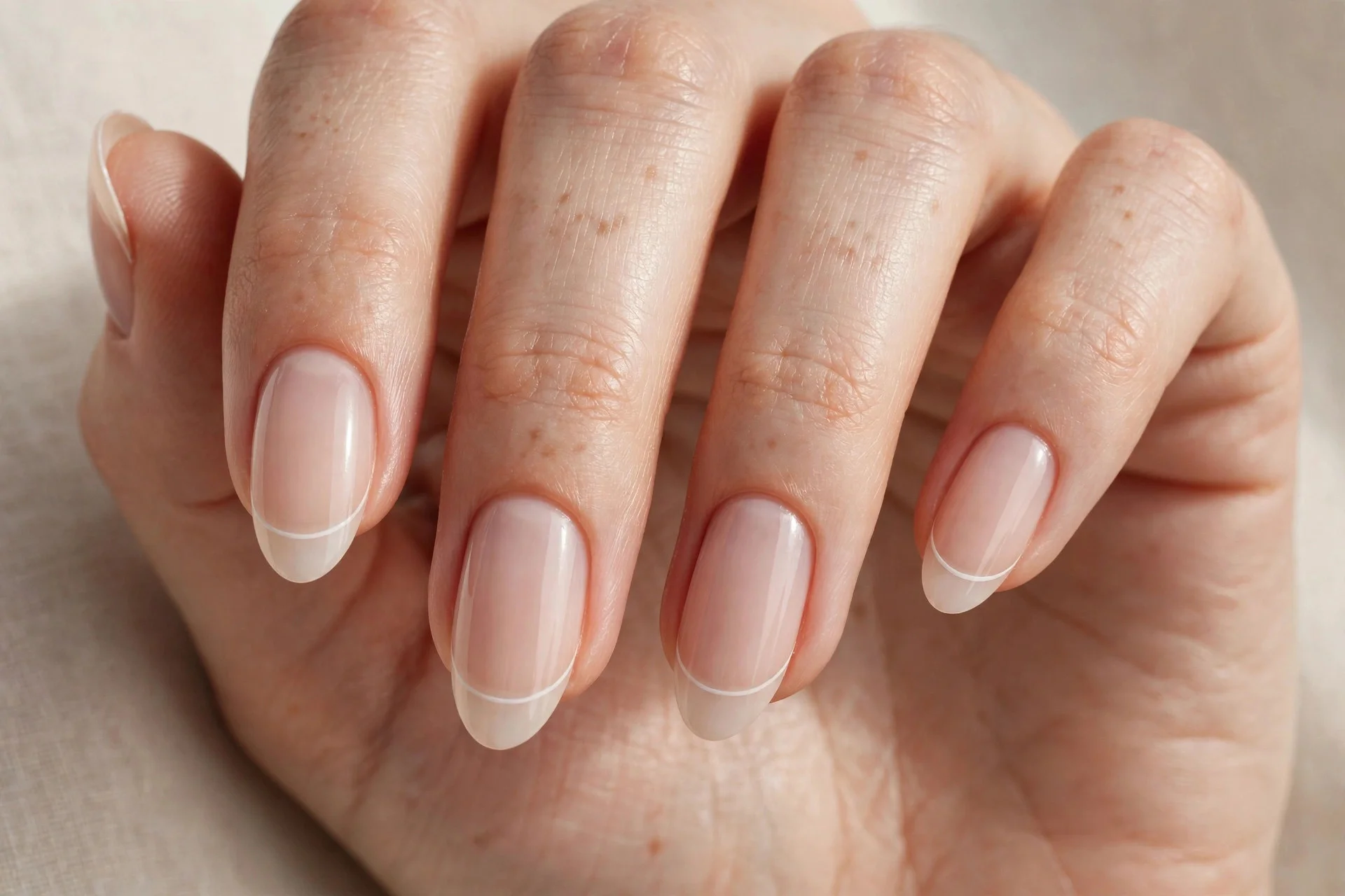 Close-up of minimalist French tip manicure with an ultra-thin white line on a nude base