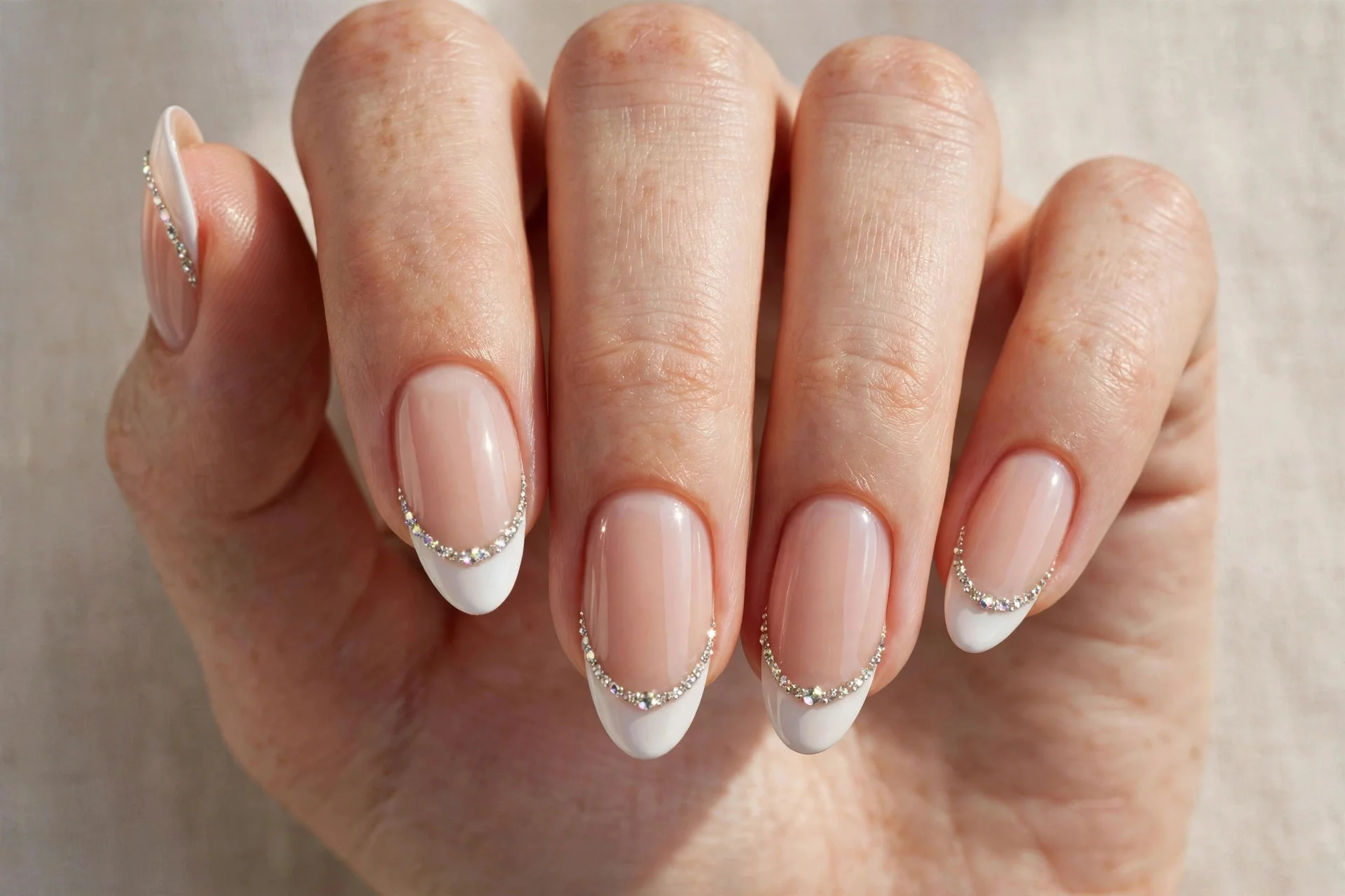 Close-up of rhinestone French tip manicure with sparkling stones along the smile line
