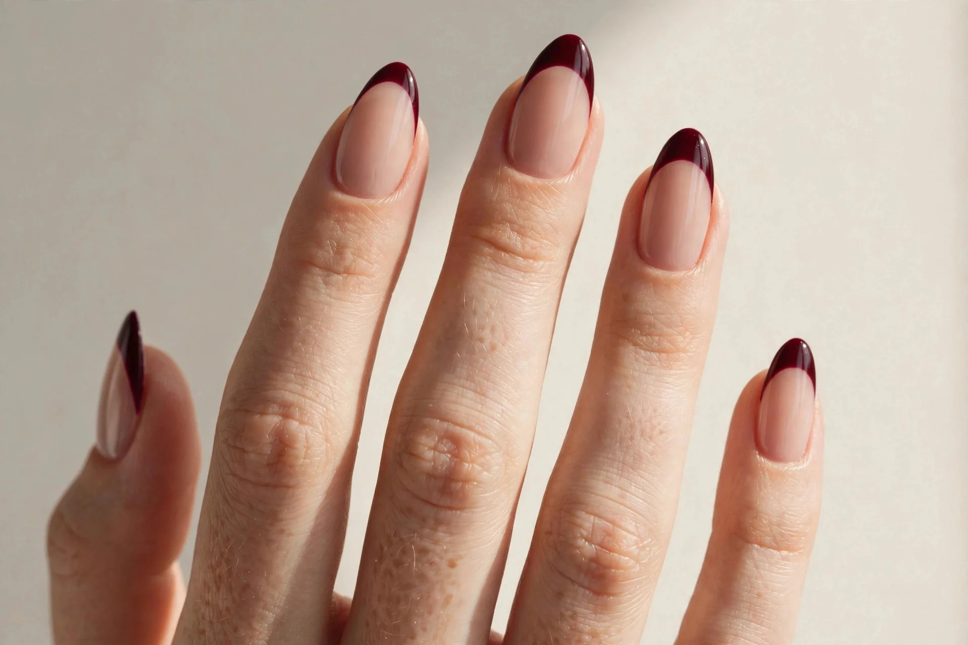 Close-up of burgundy French tip manicure with deep wine-colored tips on a nude base