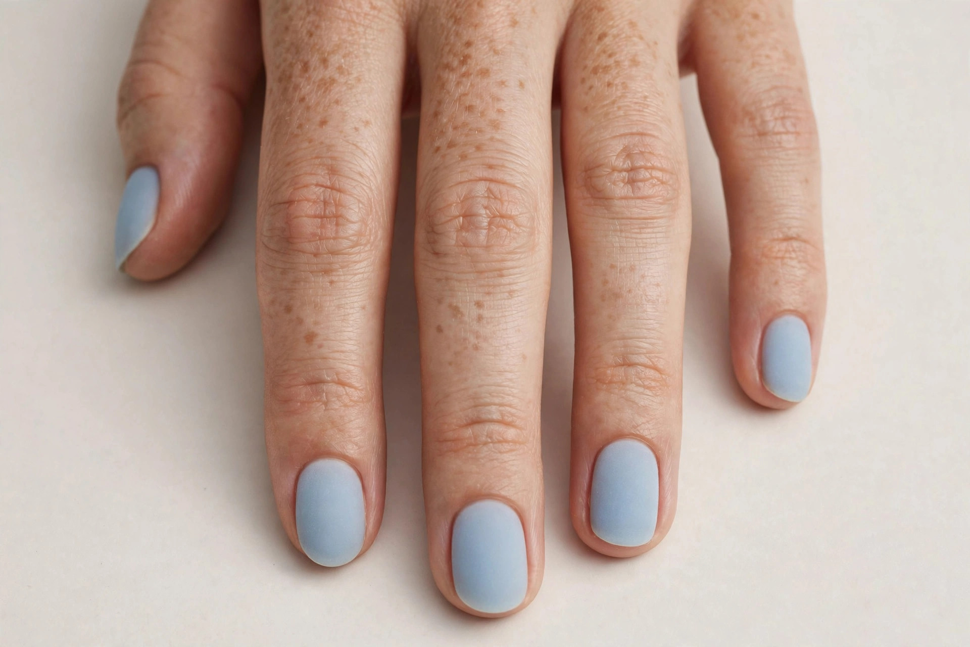 Short oval nails with frosted icy blue matte winter polish