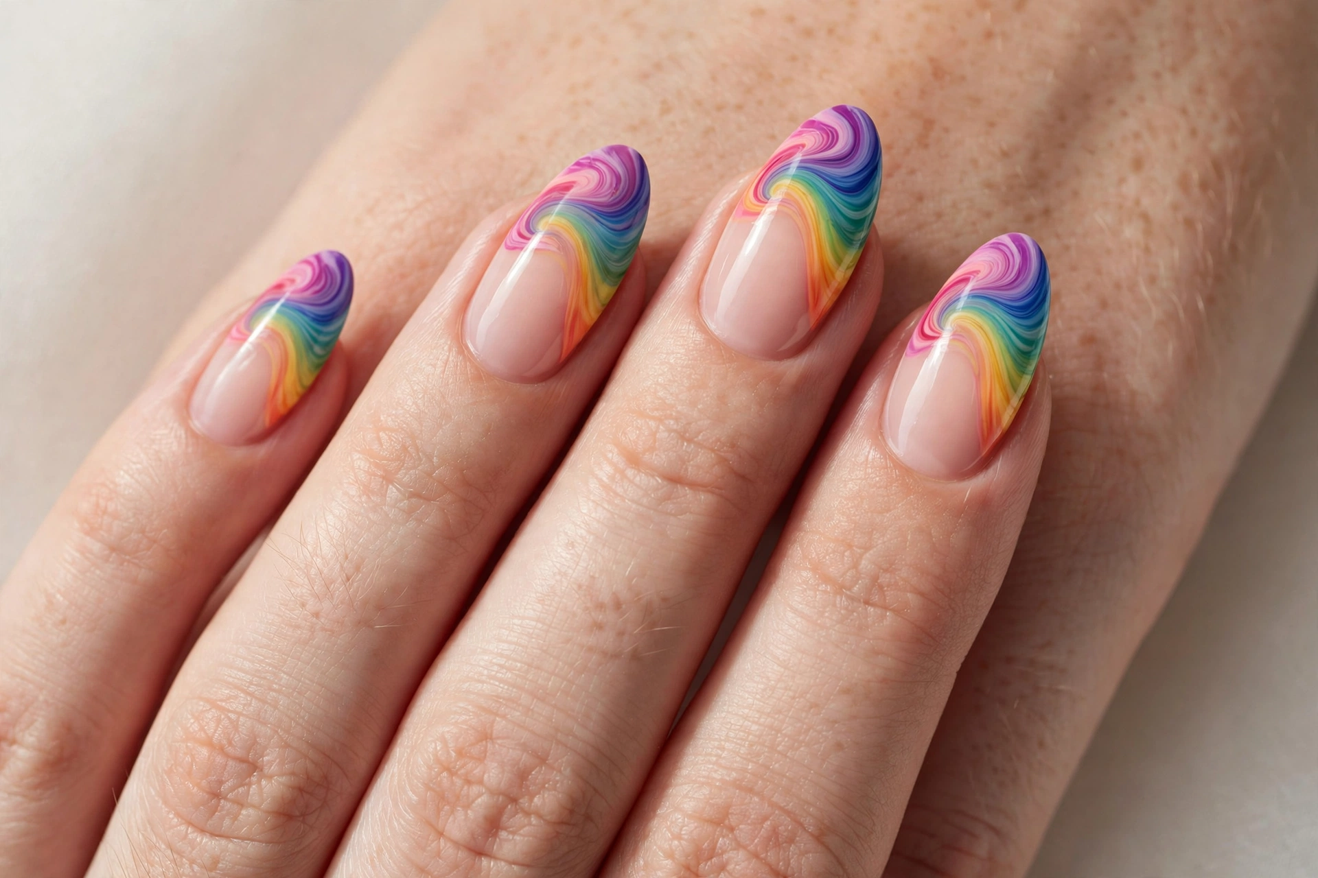 Rainbow swirl tips fun nail design on almond nails