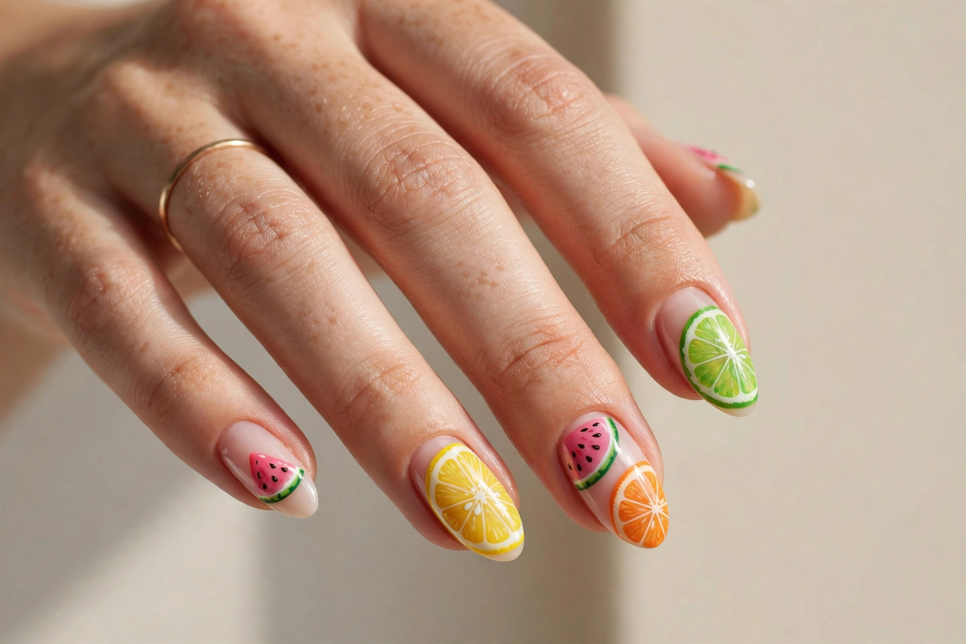 Fruity citrus slice fun nail design with watermelon lemon and lime