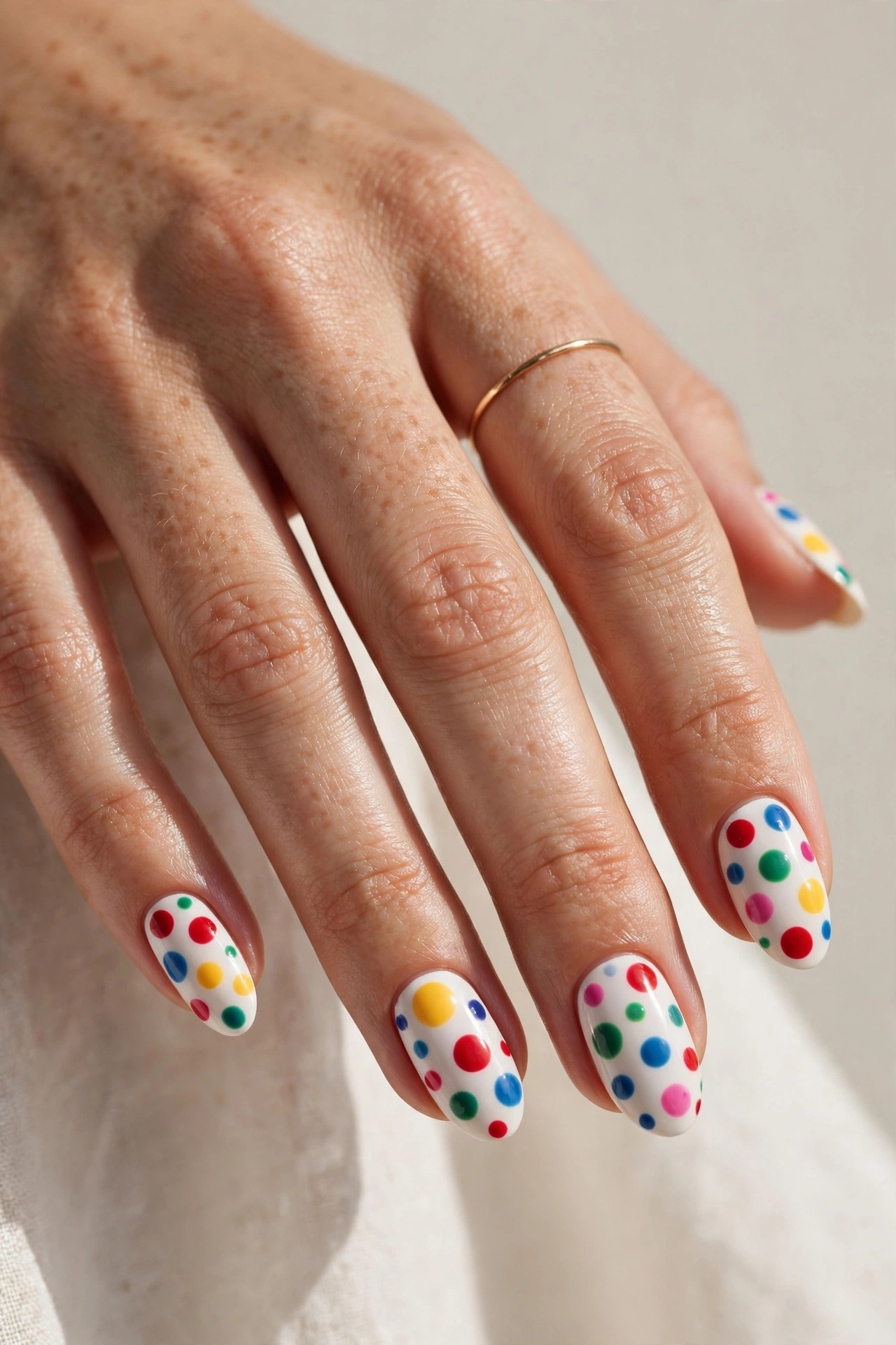 Rainbow polka dot fun nail design on white nails
