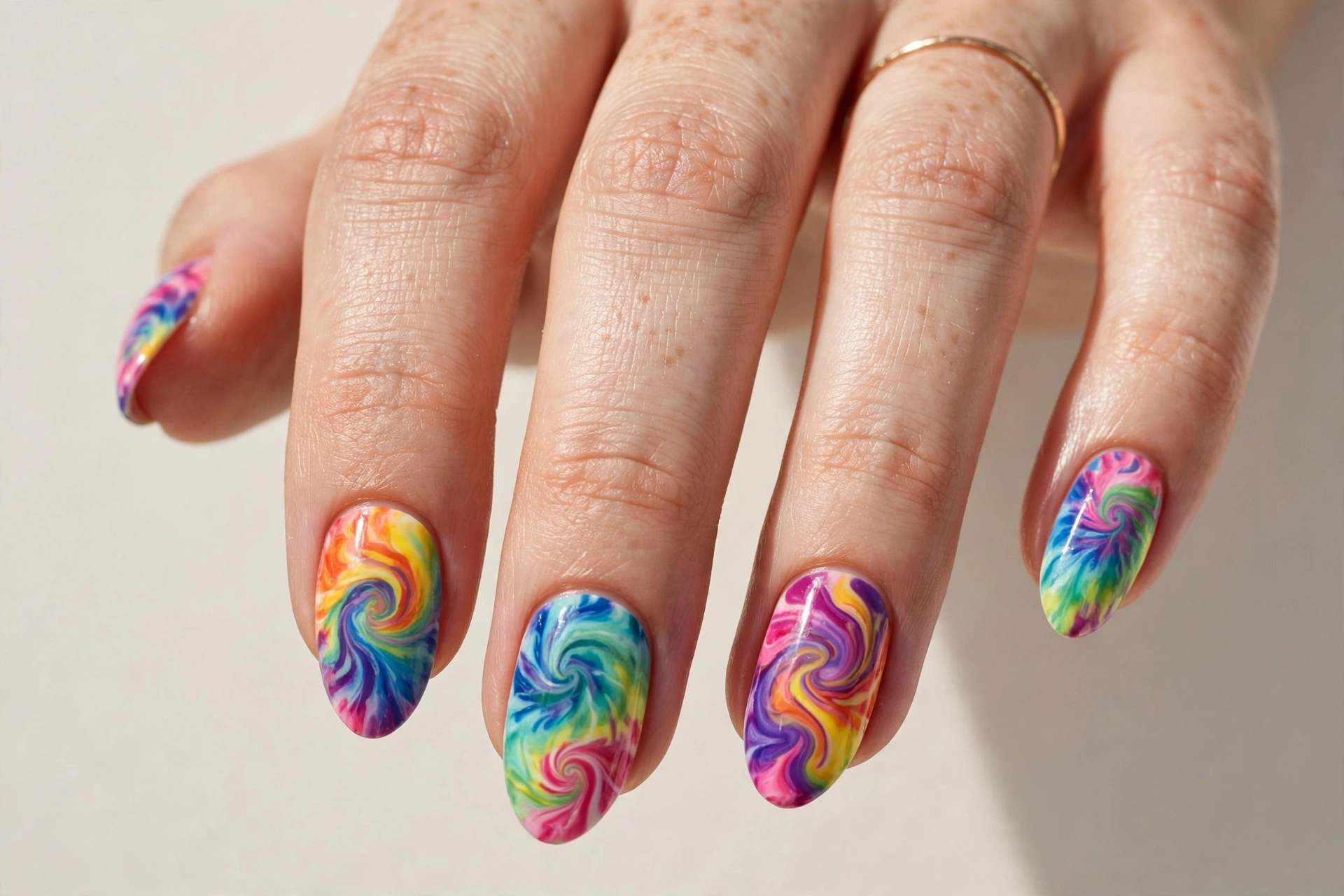 Tie-dye swirl fun nail design in rainbow colors