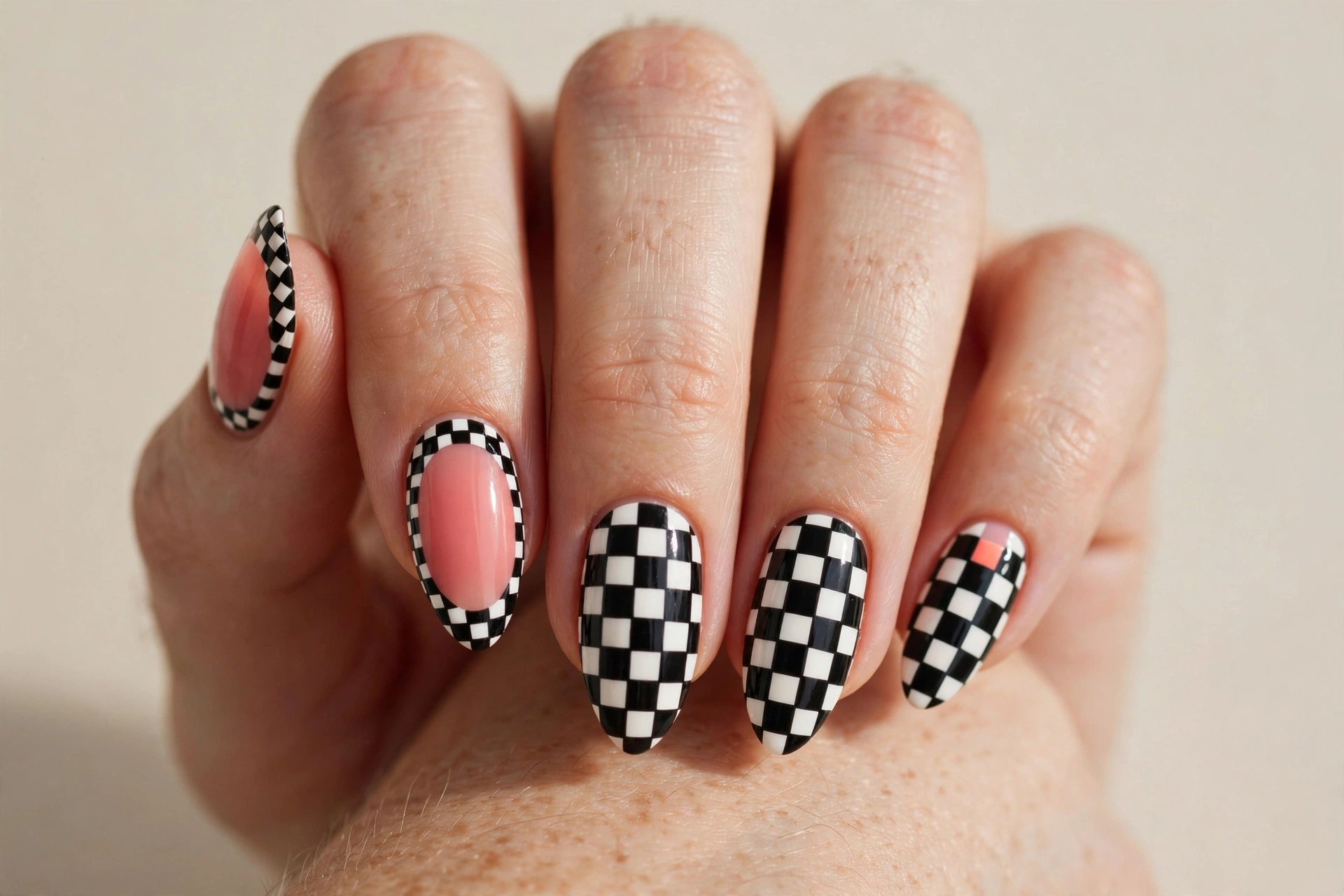 Black and white checkerboard fun nail design
