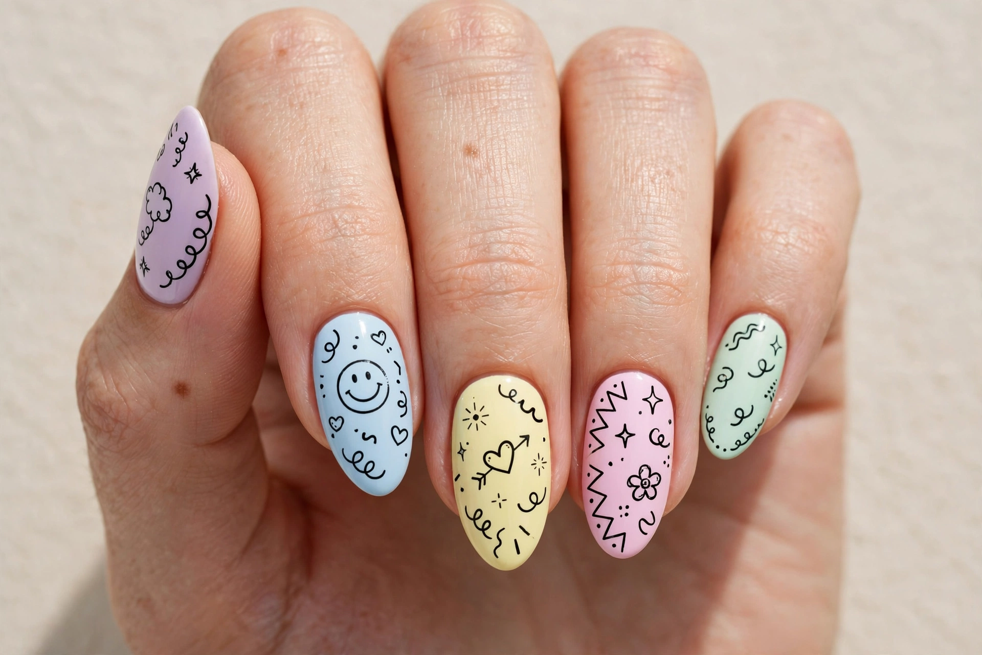 Pastel doodle fun nail design with smiley hearts and stars