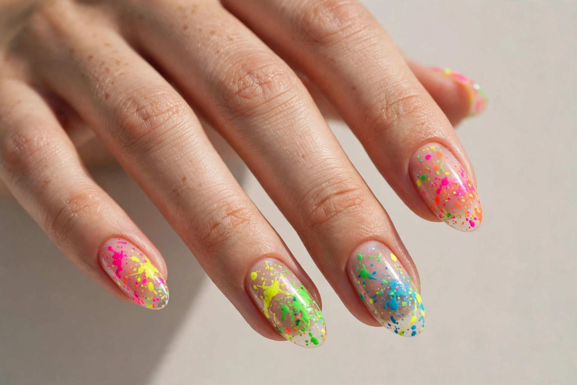 Neon paint splatter fun nail design on clear nails