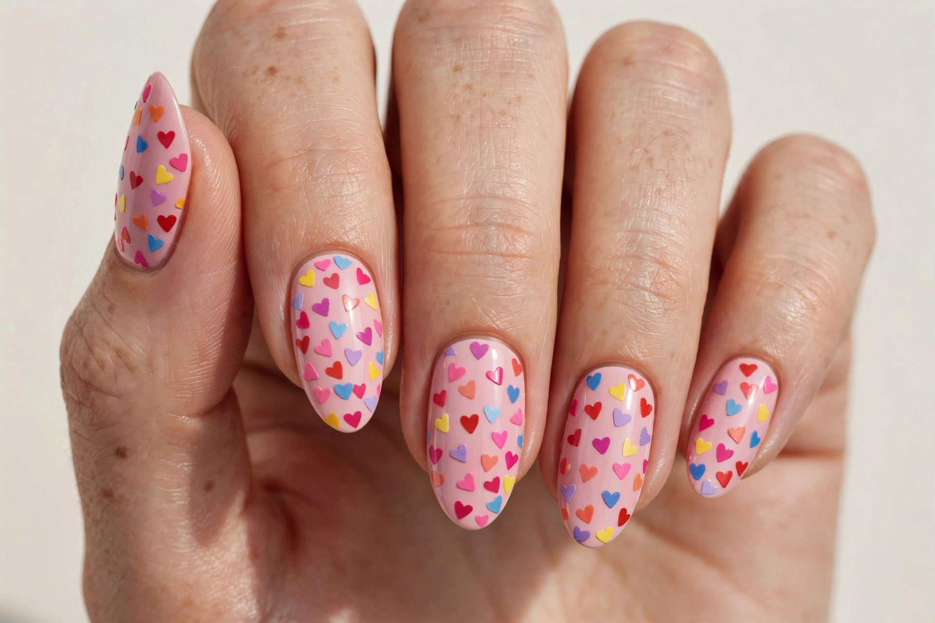 Tiny rainbow hearts fun nail design on pink nails