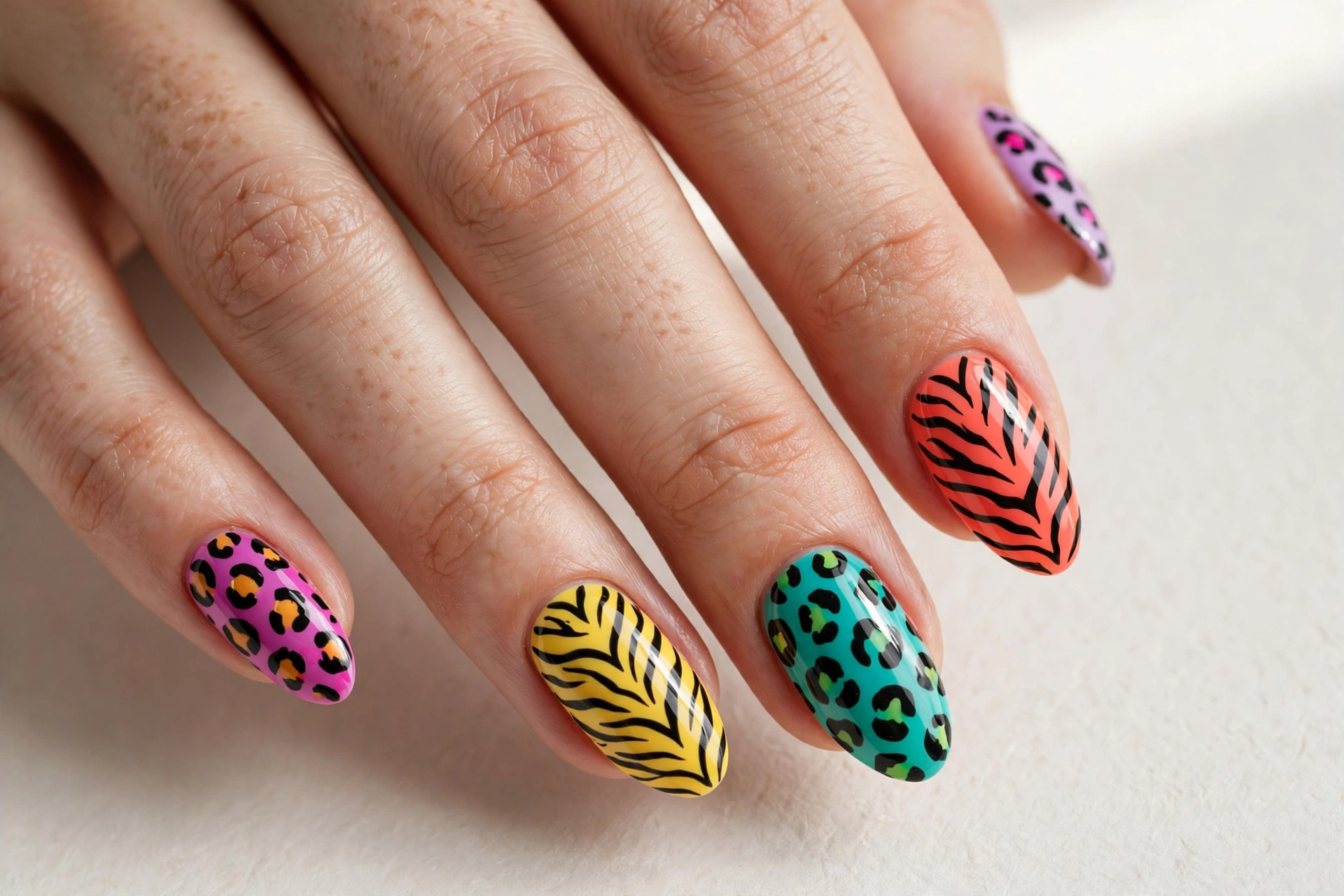 Neon animal print fun nail design with leopard and zebra