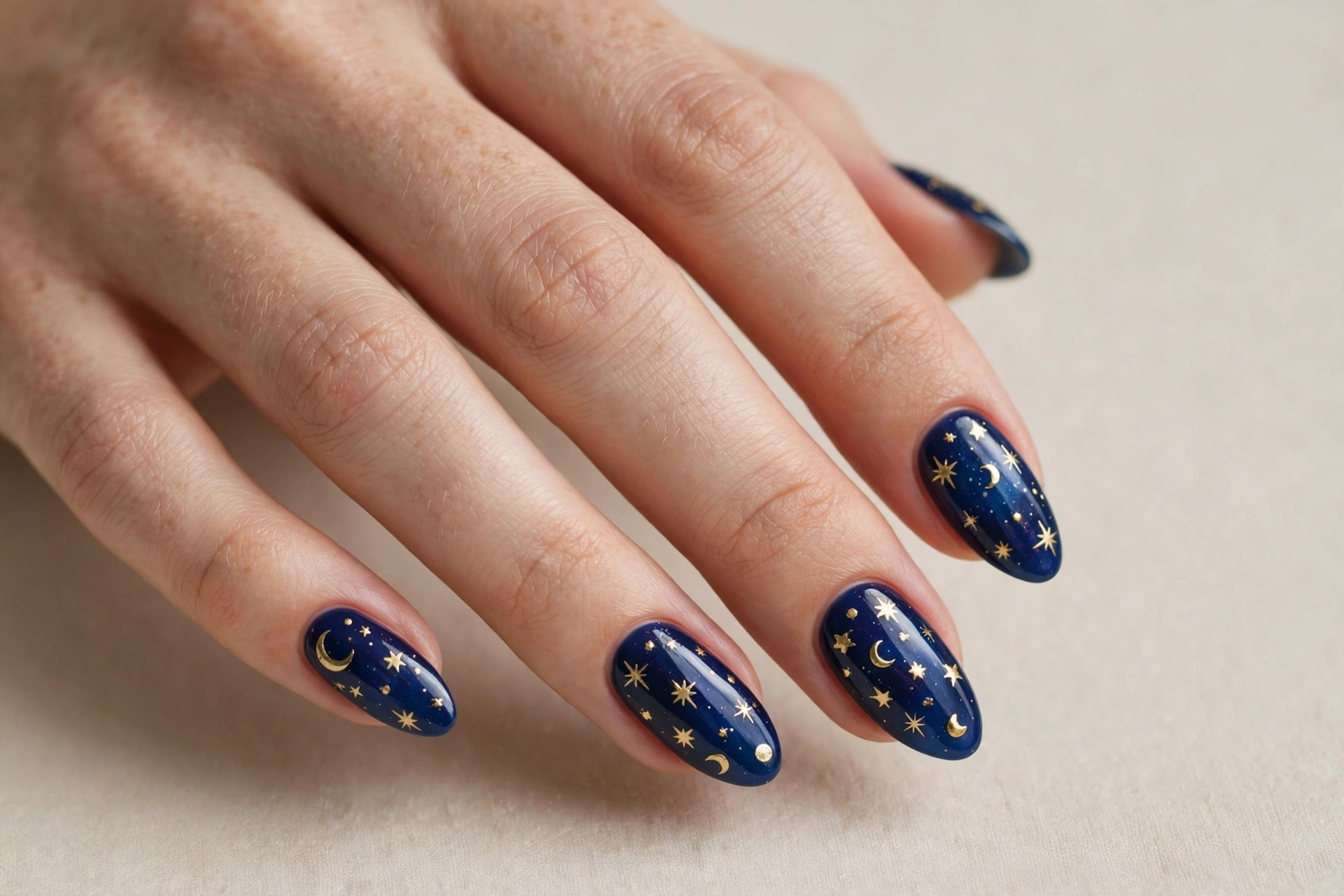 Midnight blue stars and moons fun nail design
