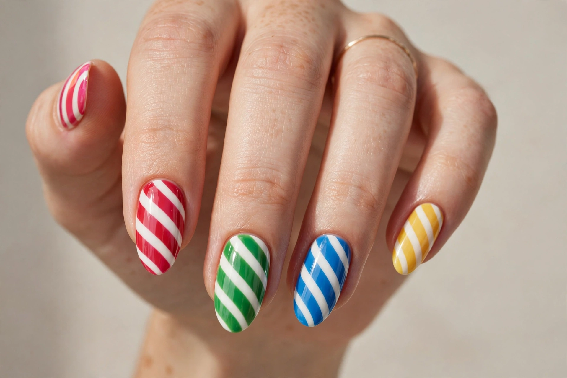 Candy stripe fun nail design in red green blue and yellow