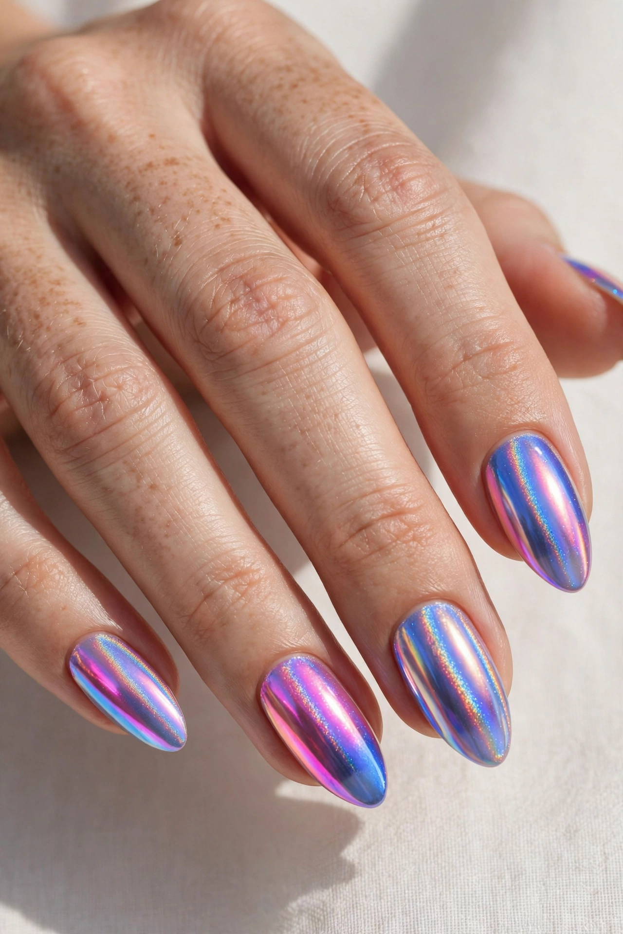 Holographic chrome fun nail design in pink and blue
