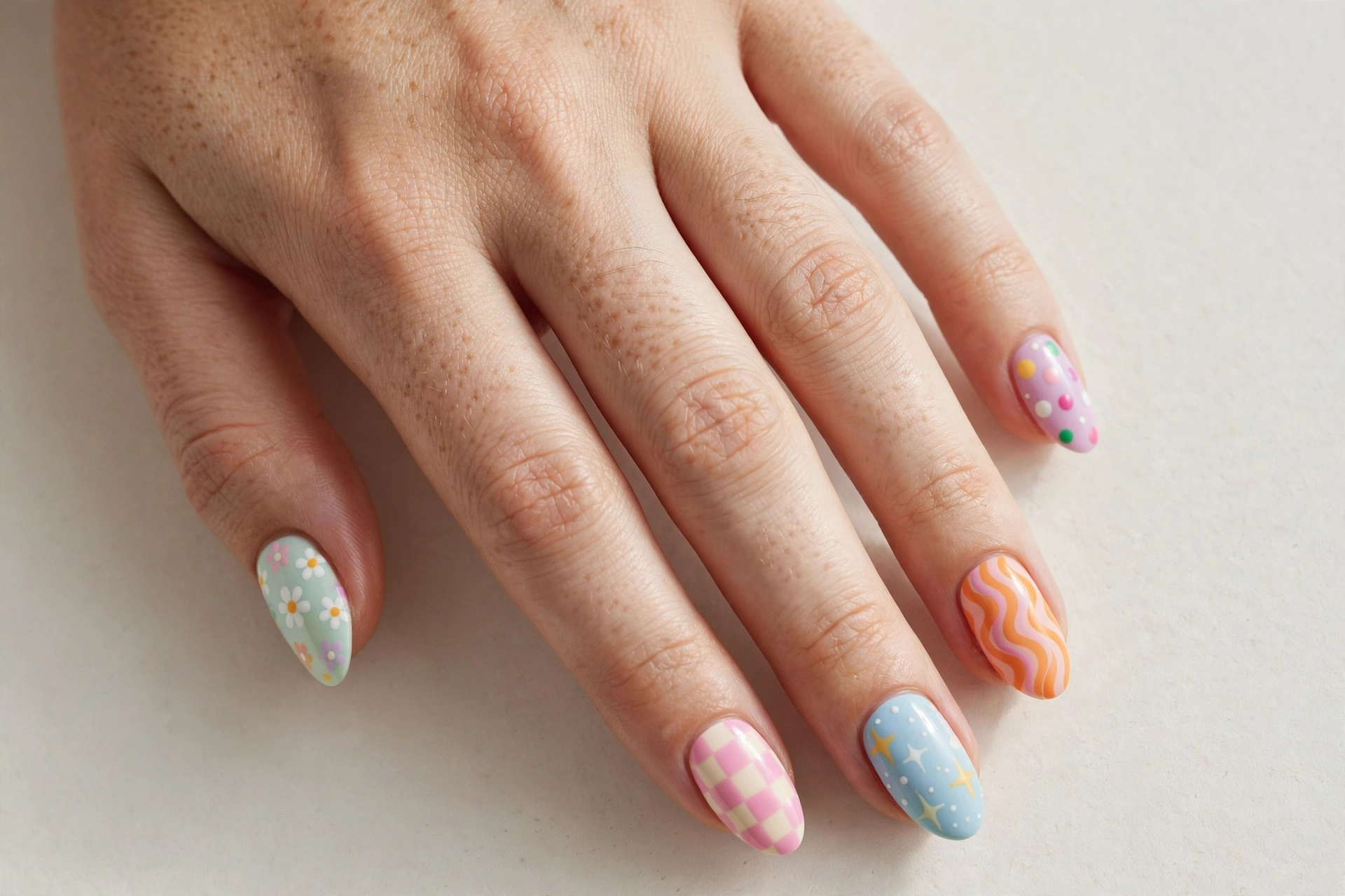 Mix and match pastel mismatch fun nail design